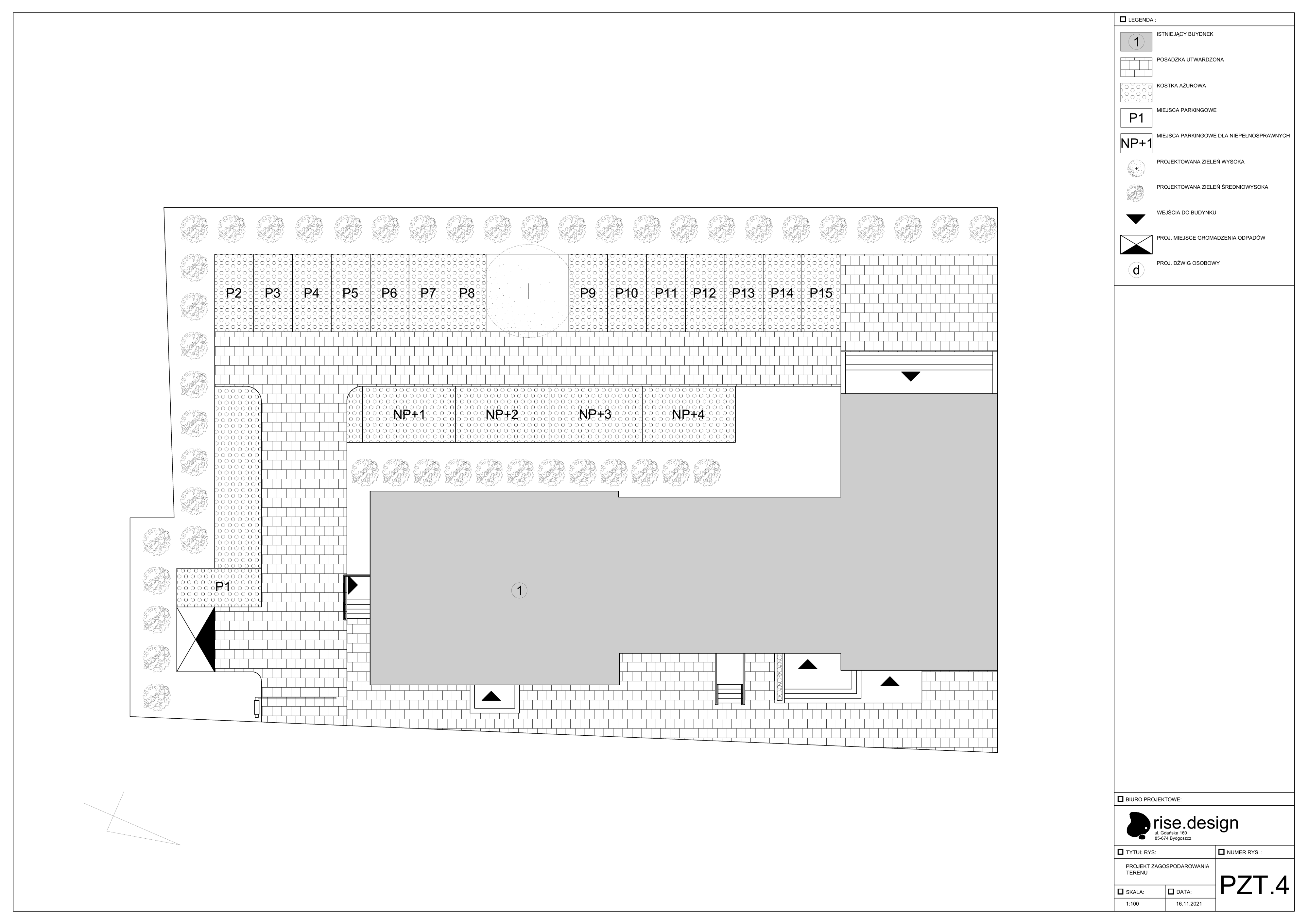 Drawing: site development plan PZT at 1:100 scale showing existing heritage building footprint, fifteen standard and four accessible parking spaces, proposed greenery, passenger lift location, and waste collection point
