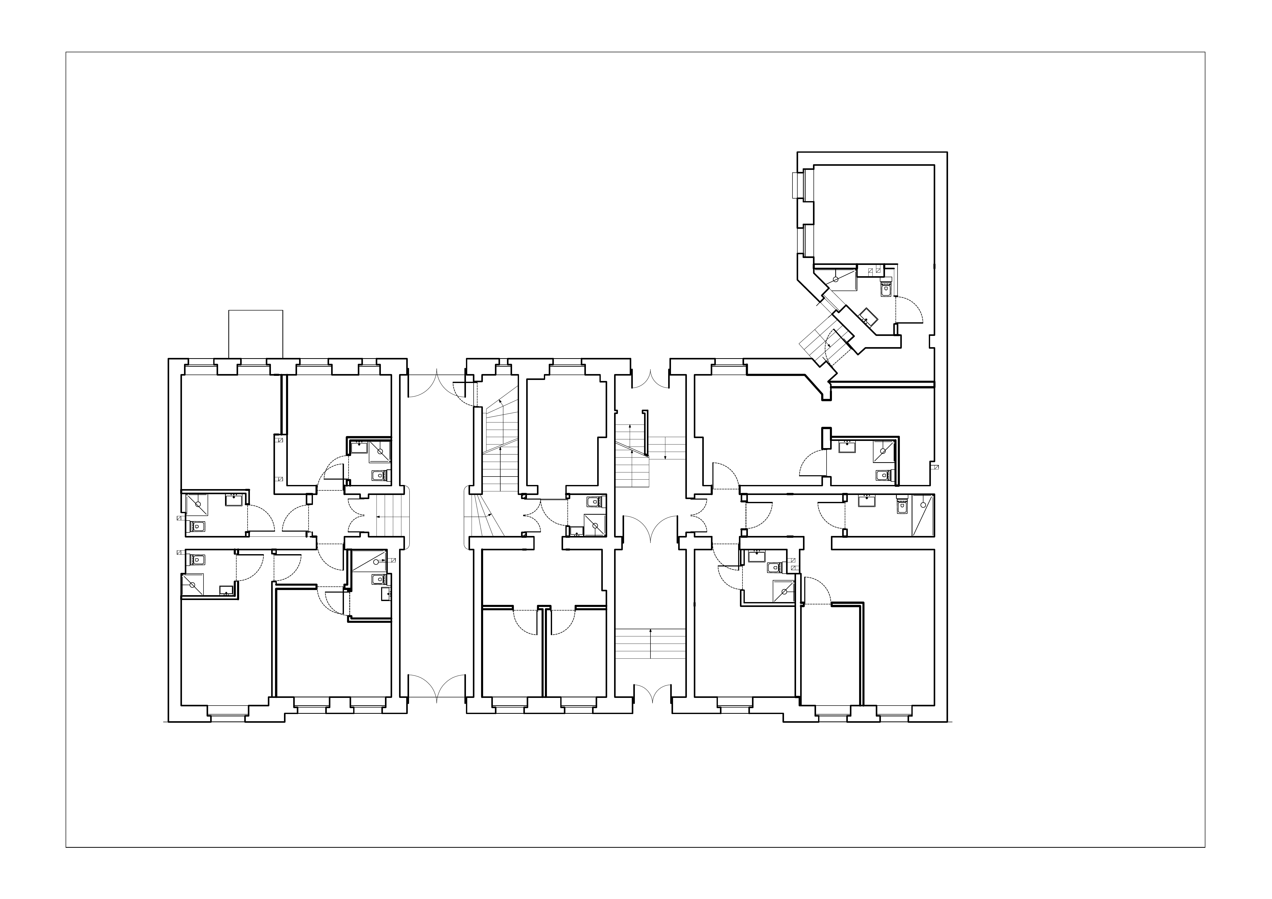 Drawing: Grottgera 5 ground floor architectural plan showing apartment layouts, entrance hall, staircase core, and commercial ground-floor units