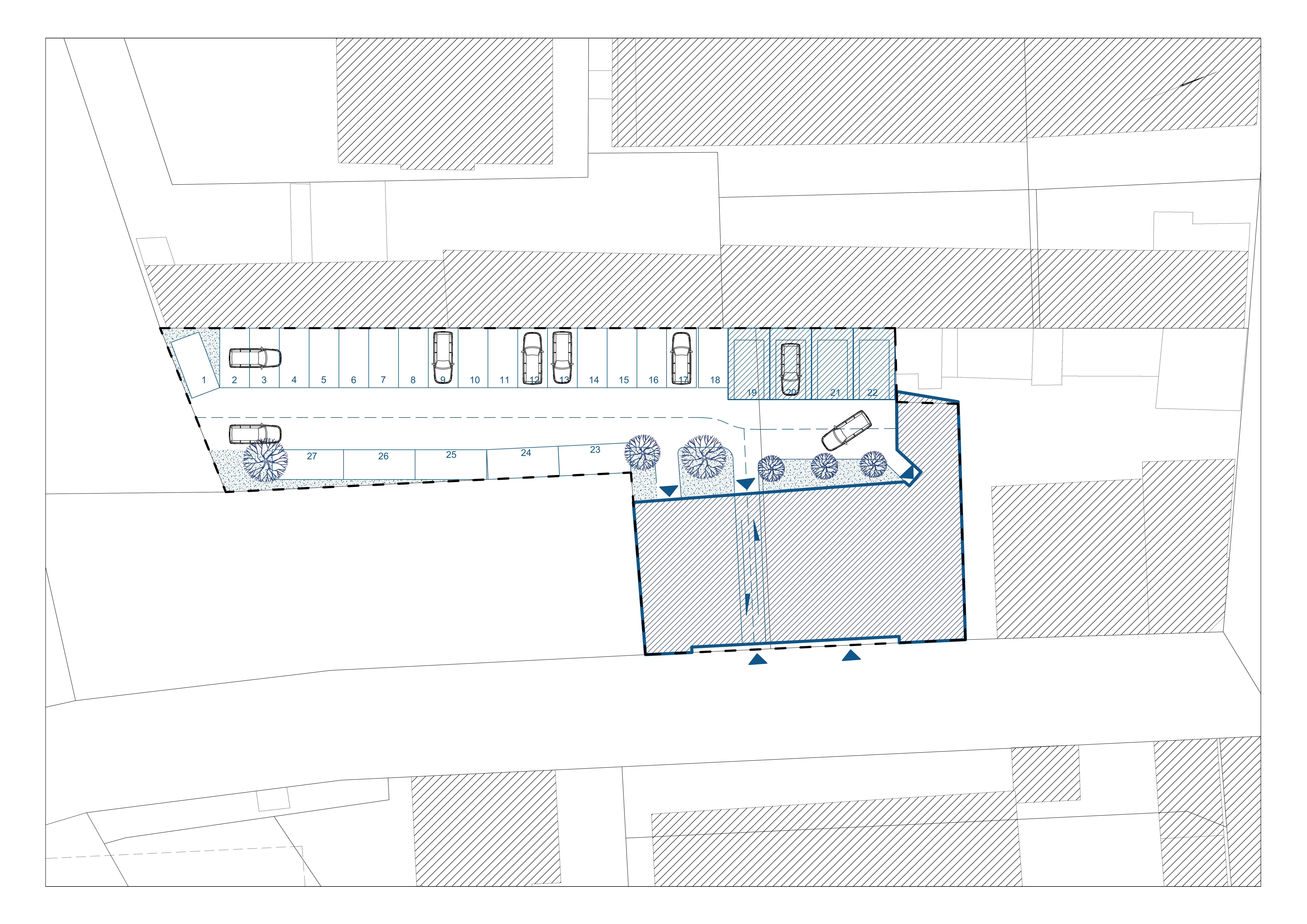 Drawing: Grottgera 5 site development plan showing building footprint, courtyard, vehicular access, and relationship to Grottgera street frontage