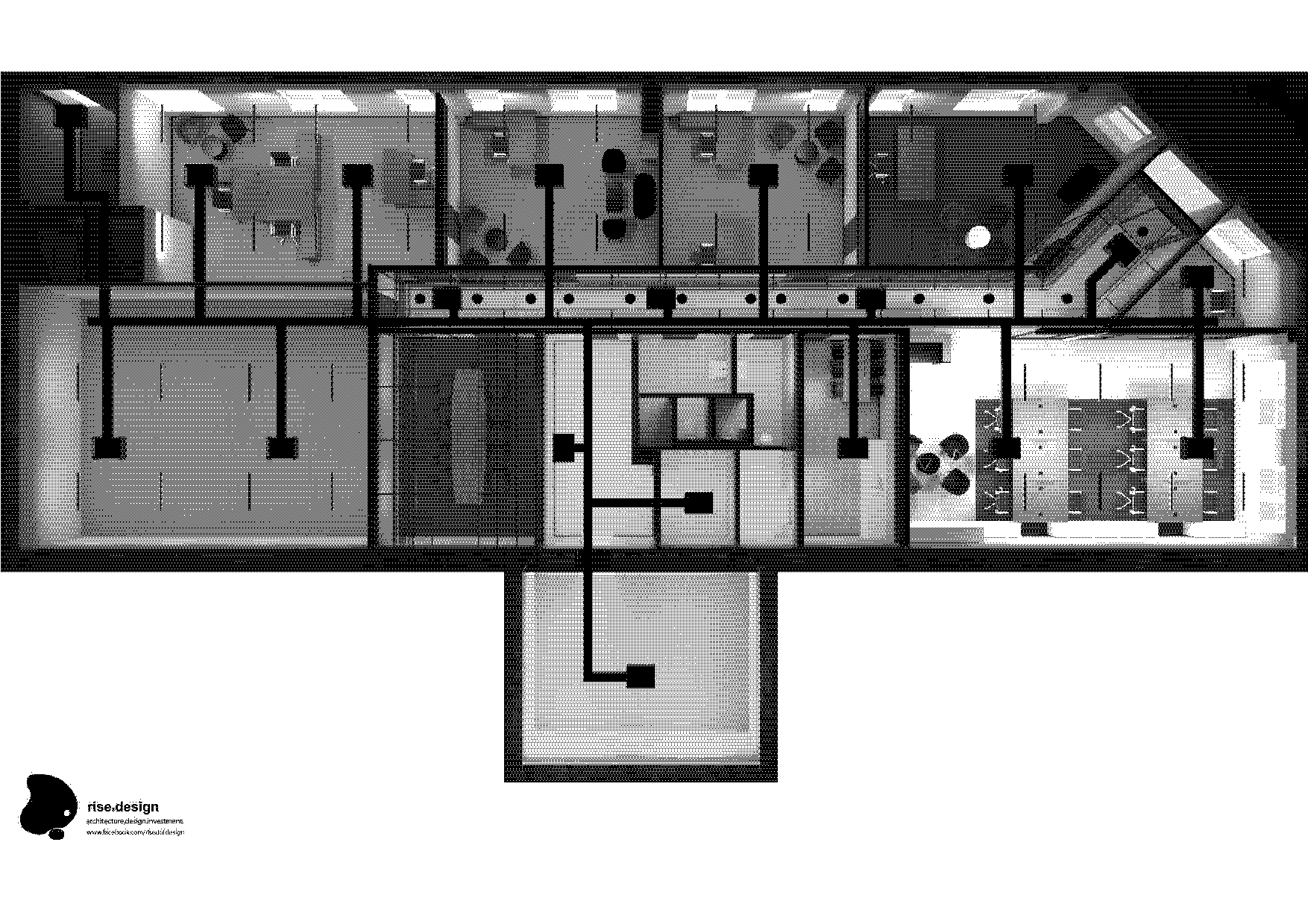 Drawing: floor plan showing overall office layout with glass partitions, furniture placement, and spatial zoning strategy
