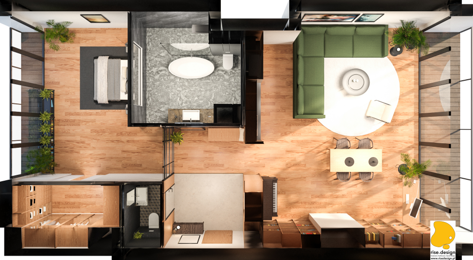 Drawing: bird's-eye axonometric floor plan render showing the complete 94 square metre apartment layout with all rooms, furniture placement, steel-glass partitions, and colour-coded material zones
