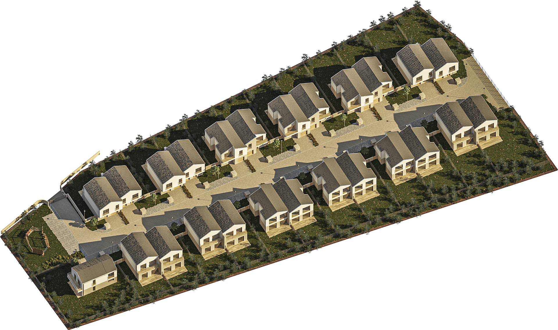 Isometric 3D bird's-eye overview render showing all 13 buildings in the gated estate with green gardens, fencing, and complete urban planning perspective