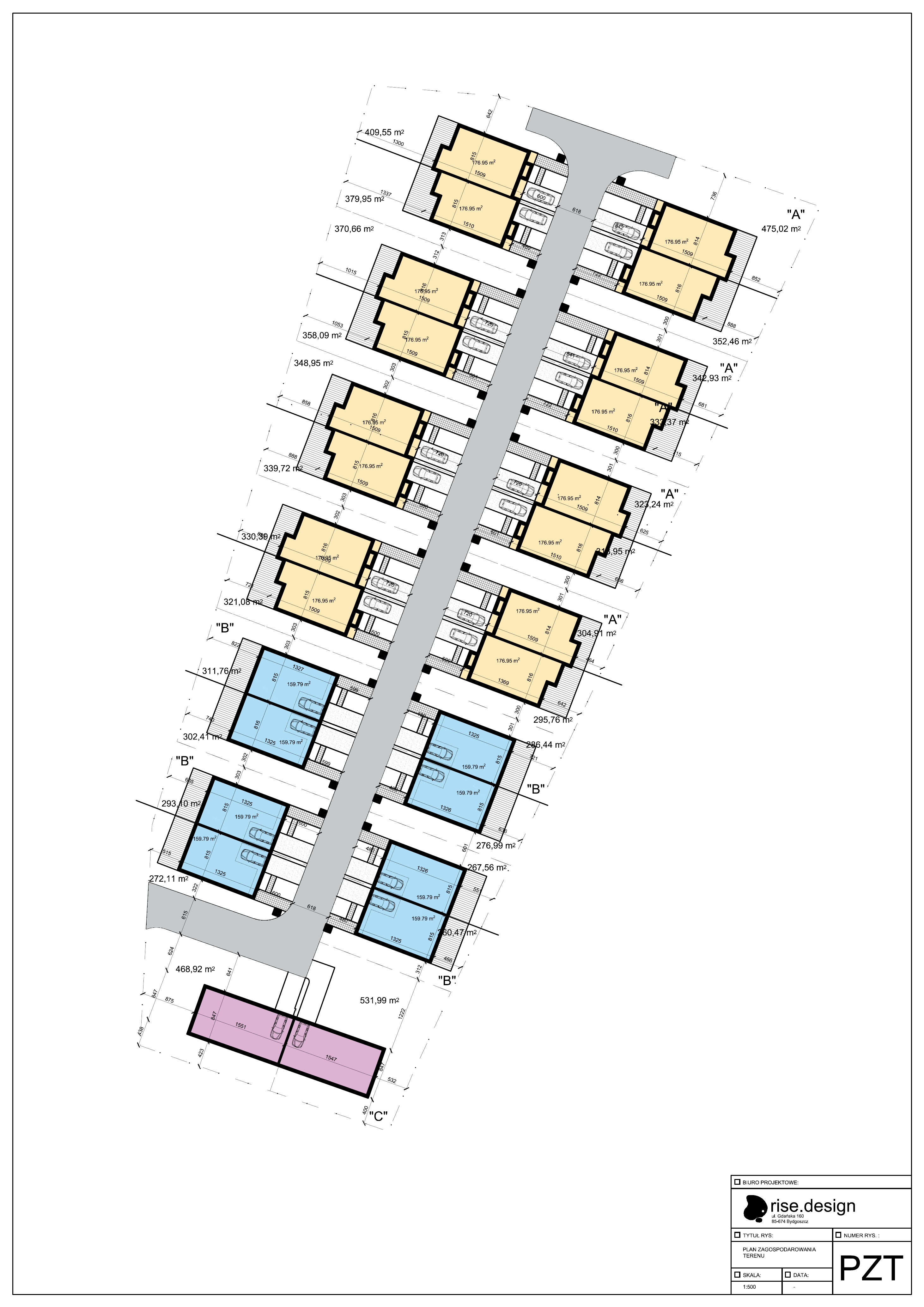 Drawing: PZT site development plan at 1:500 scale with color-coded unit types showing yellow Type A, blue Type B, and pink Type C house positions