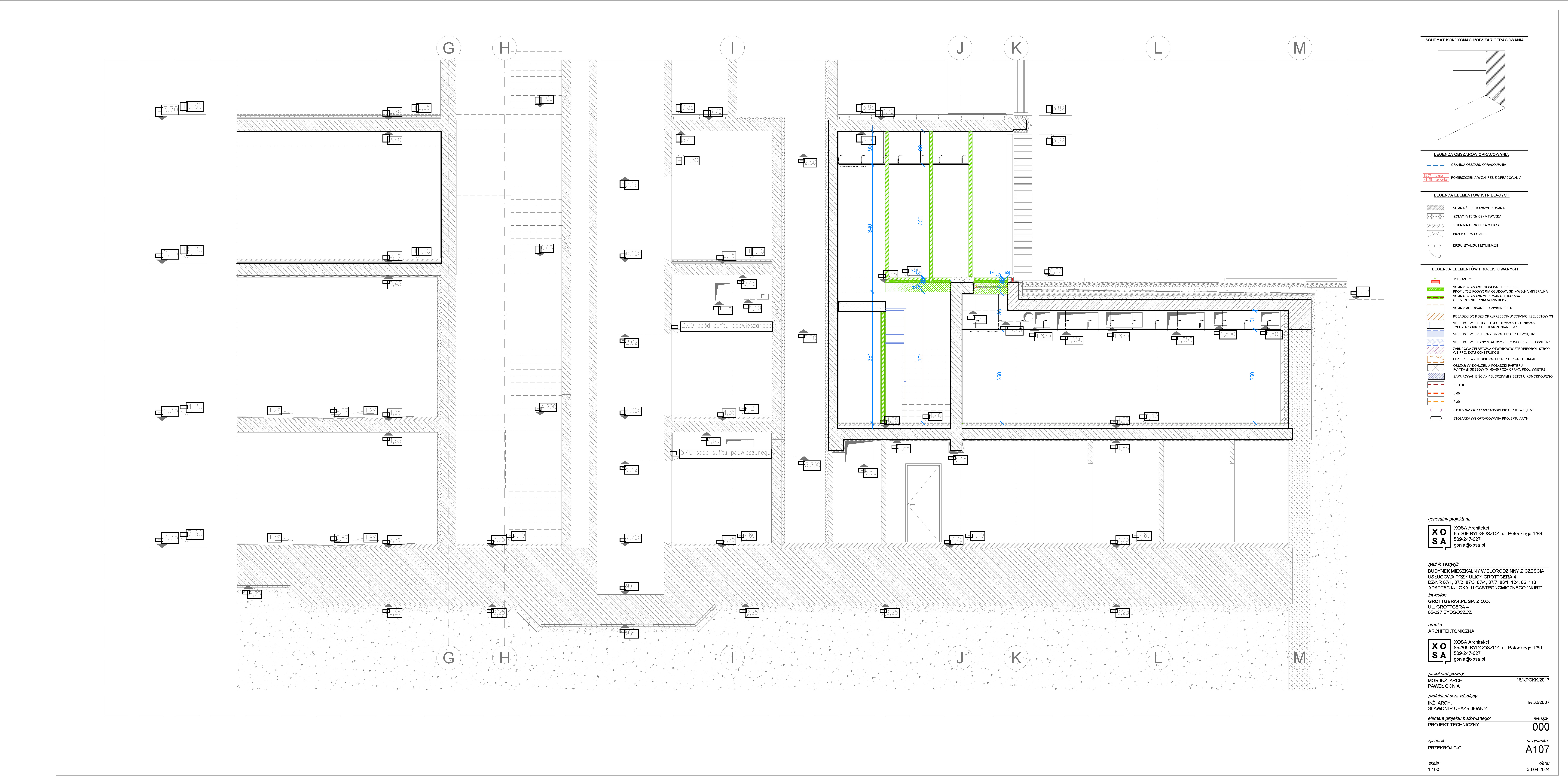 Drawing: NUURT restaurant Level 0 floor plan showing 460 square metre dining room with bar, kitchen, dishwashing, waiter stations, and staircase connecting to basement preparation level