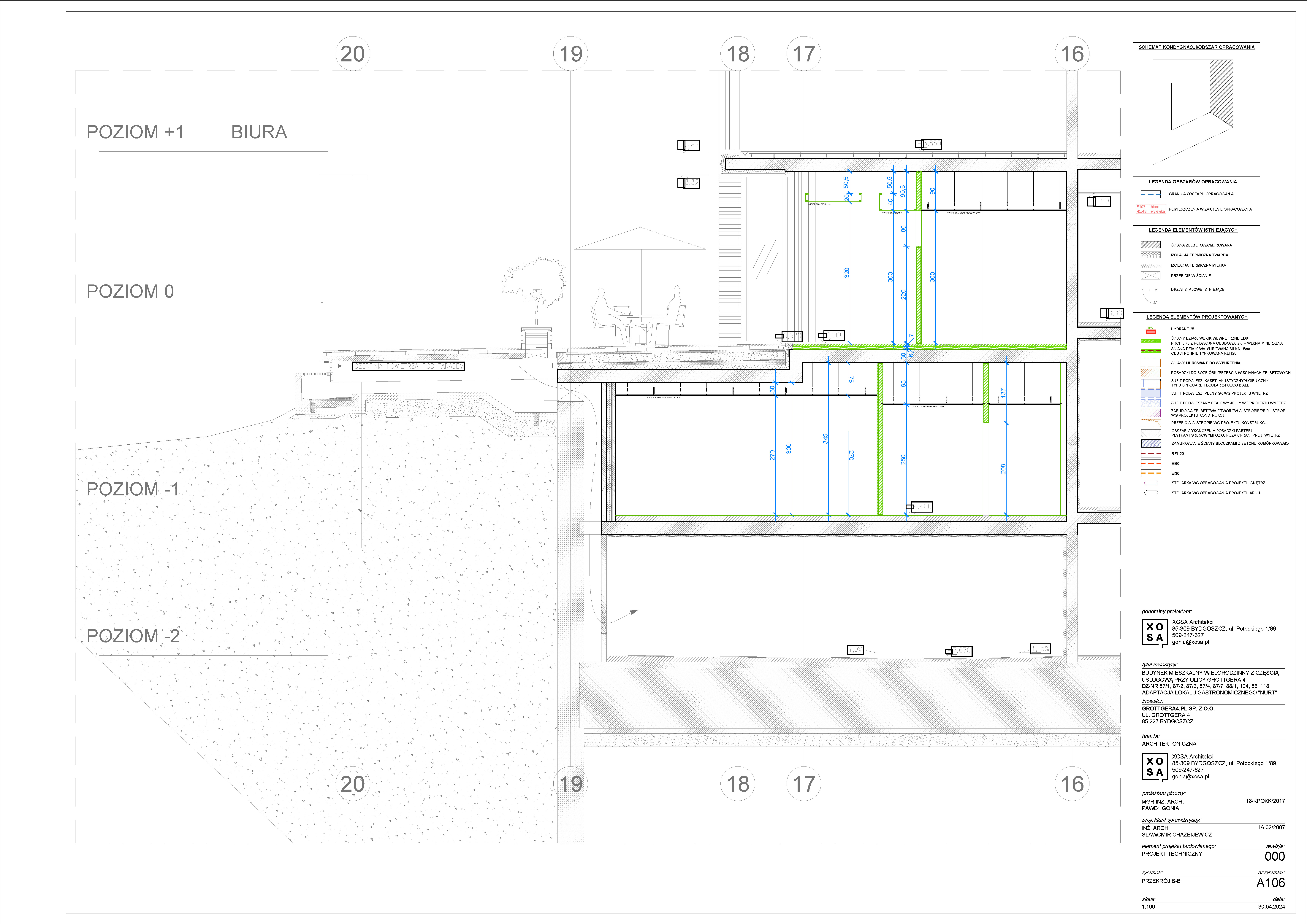Drawing: NUURT restaurant Level minus 1 floor plan showing 250 square metre back-of-house with clean preparation area, cold and freezer rooms, staff lockers, and delivery circulation zone