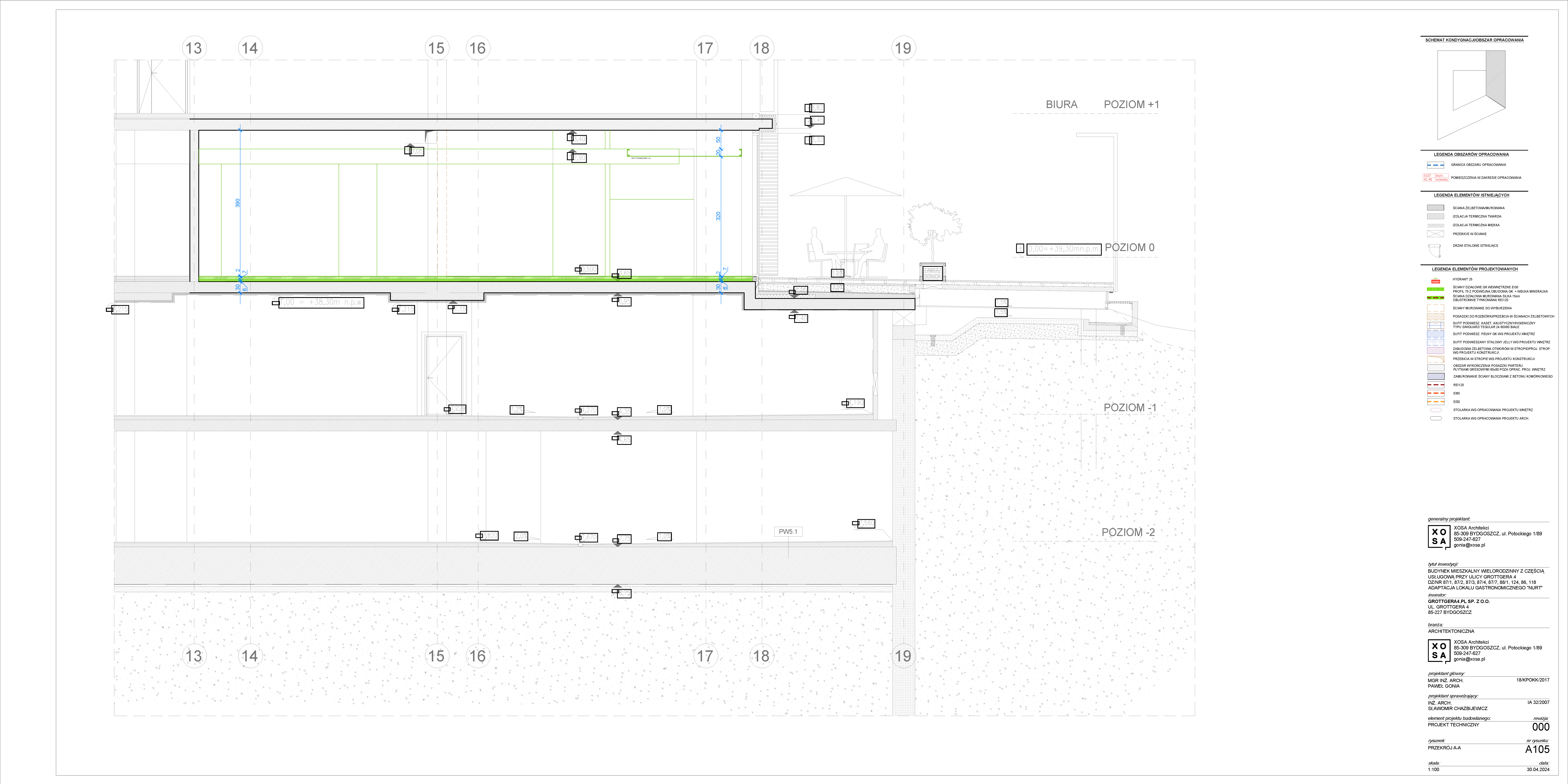 Drawing: NUURT restaurant wide-format architectural section showing both levels, structural connections, ceiling treatments, and vertical circulation between dining and preparation zones