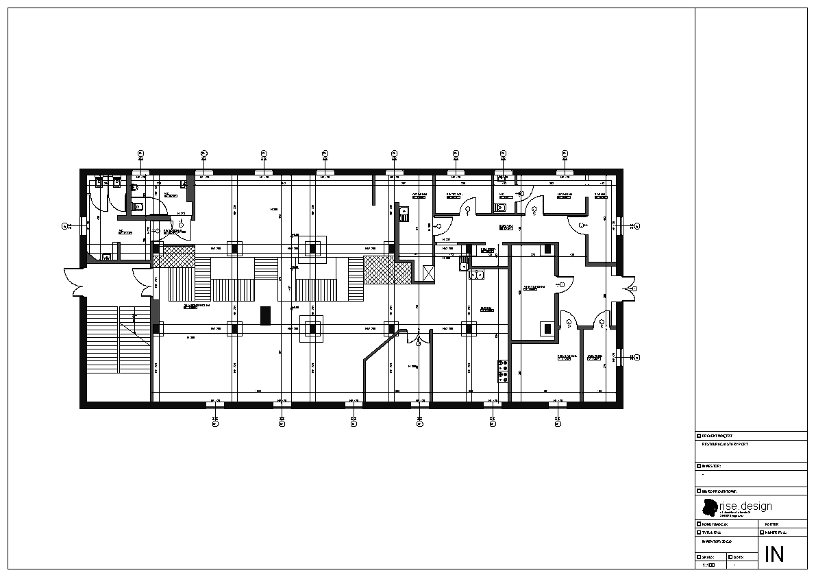 Drawing: dimensioned interior floor plan at 1:100 scale showing the full restaurant layout with all seating positions, kitchen zone, service areas, and aquarium centreline within the 1830s granary shell