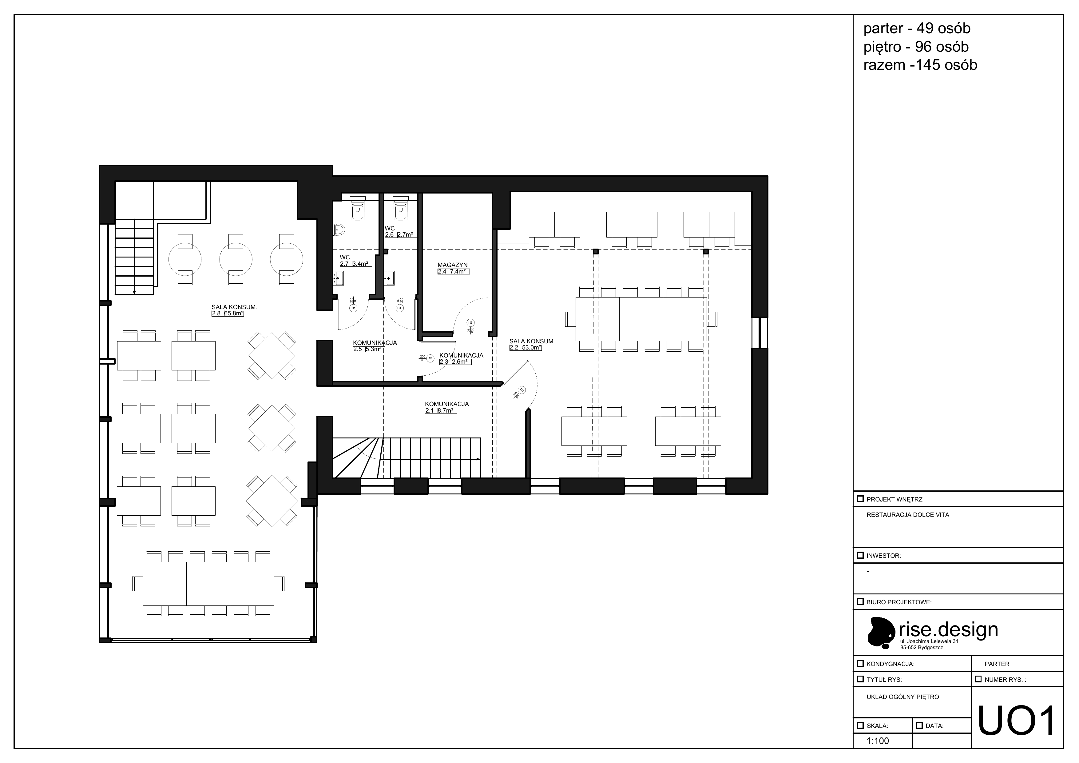 UO1 first floor furniture layout plan showing 145 total seats across ground and first floors with rise.design branding and dimensions