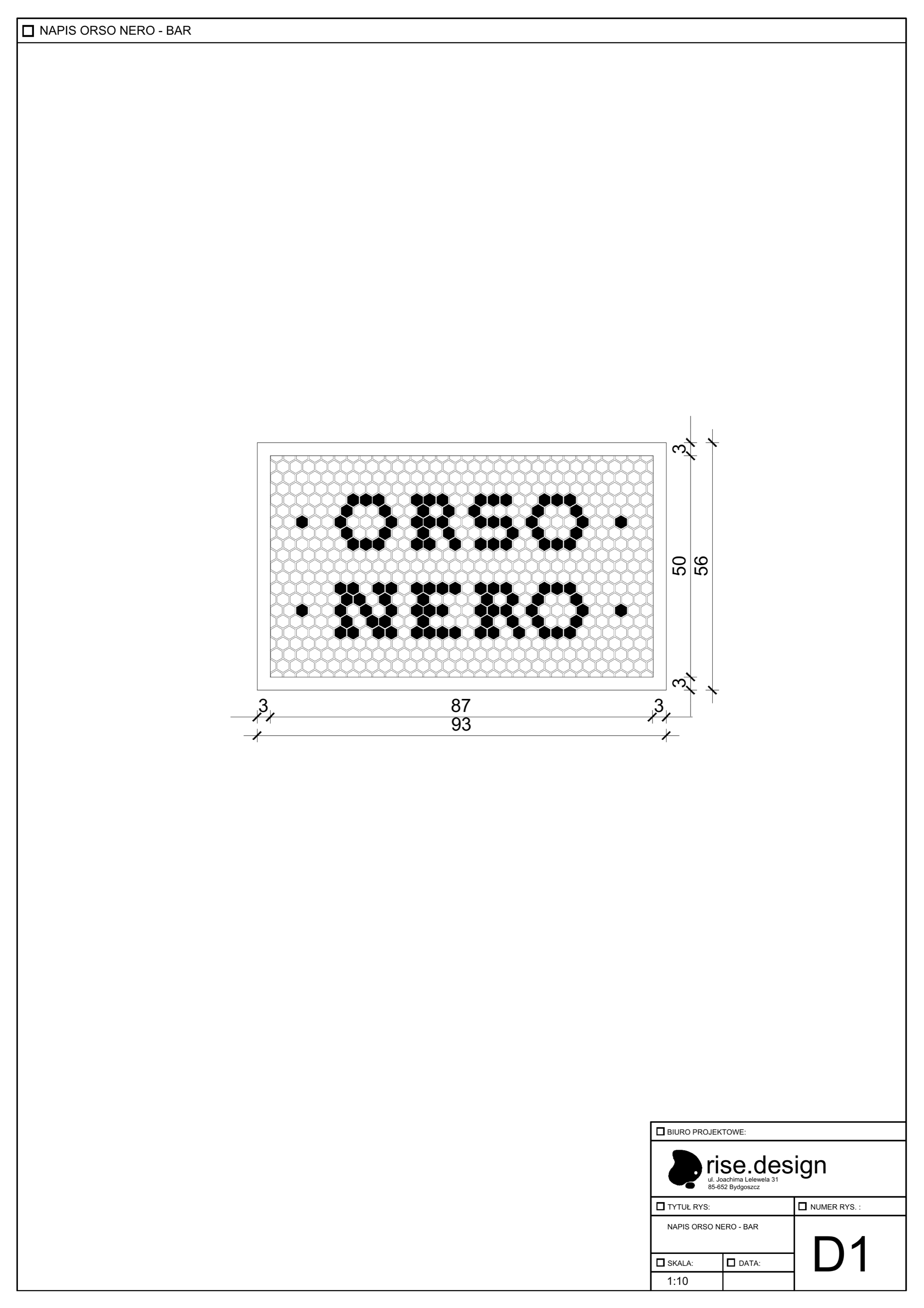 D1 hexagonal tile mosaic bar lettering detail at 1:10 scale showing ORSO NERO text composed from black gloss hexagonal tiles