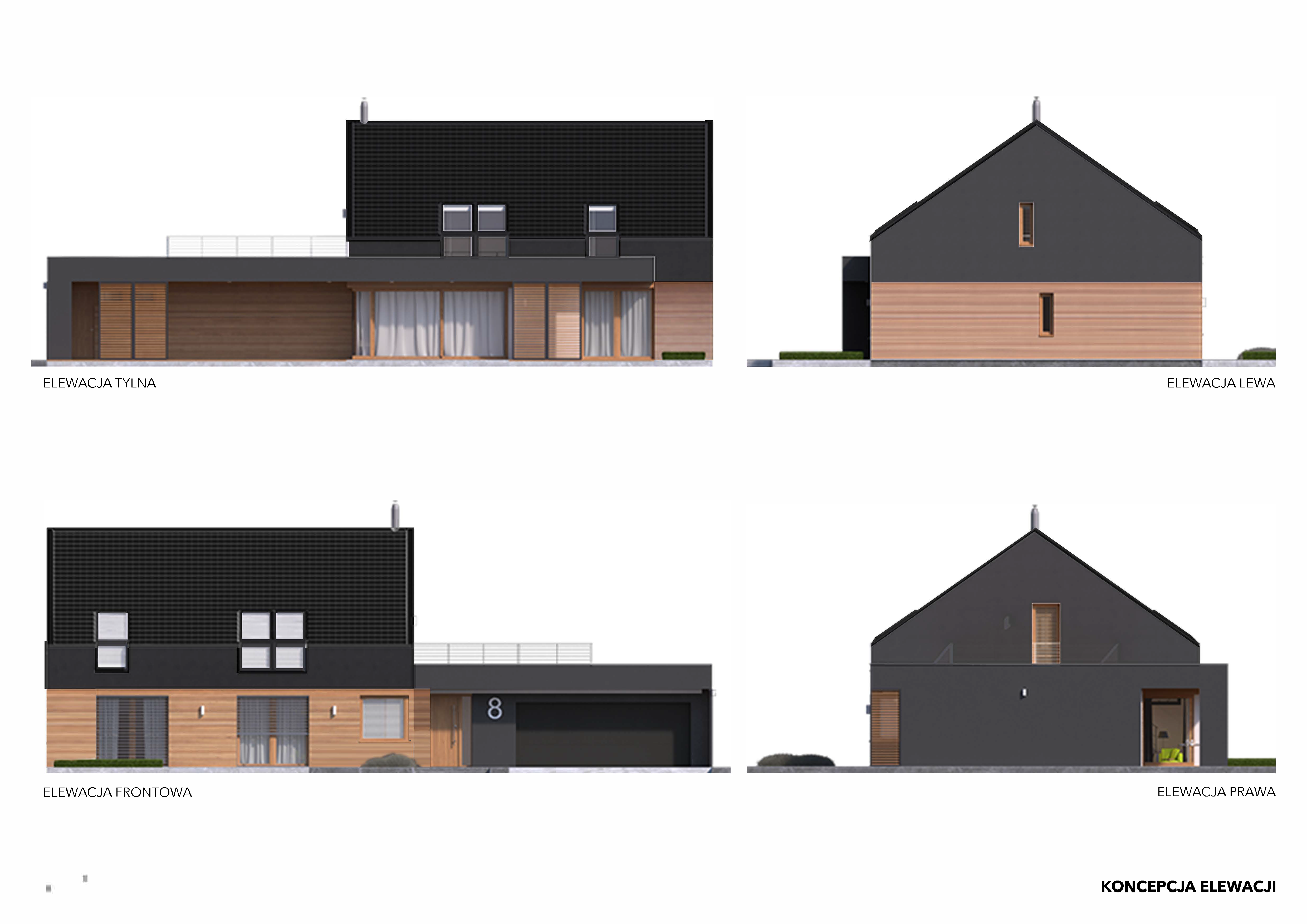 Drawing: elevation concept sheet showing four rendered elevations of the house — rear, left side, front, and right side — with dark standing seam gable roof, timber lower cladding, and garage wing