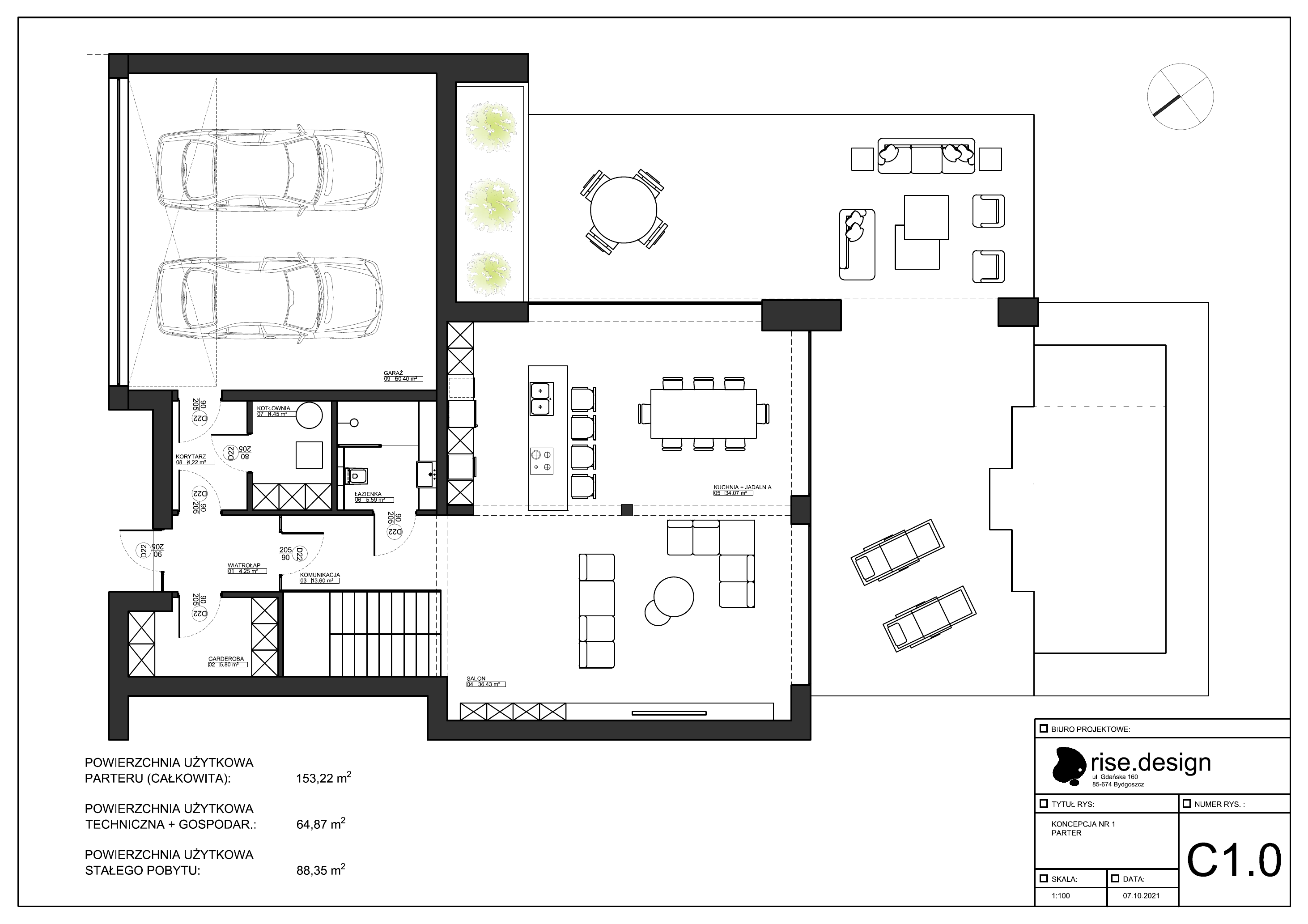 Drawing: site plan concept C.PZT showing building position on the triangular 1003 square metre plot with pool zone D, fire pit area E, children's zone F, timber deck paths, and gravel walkways at 1:250 scale