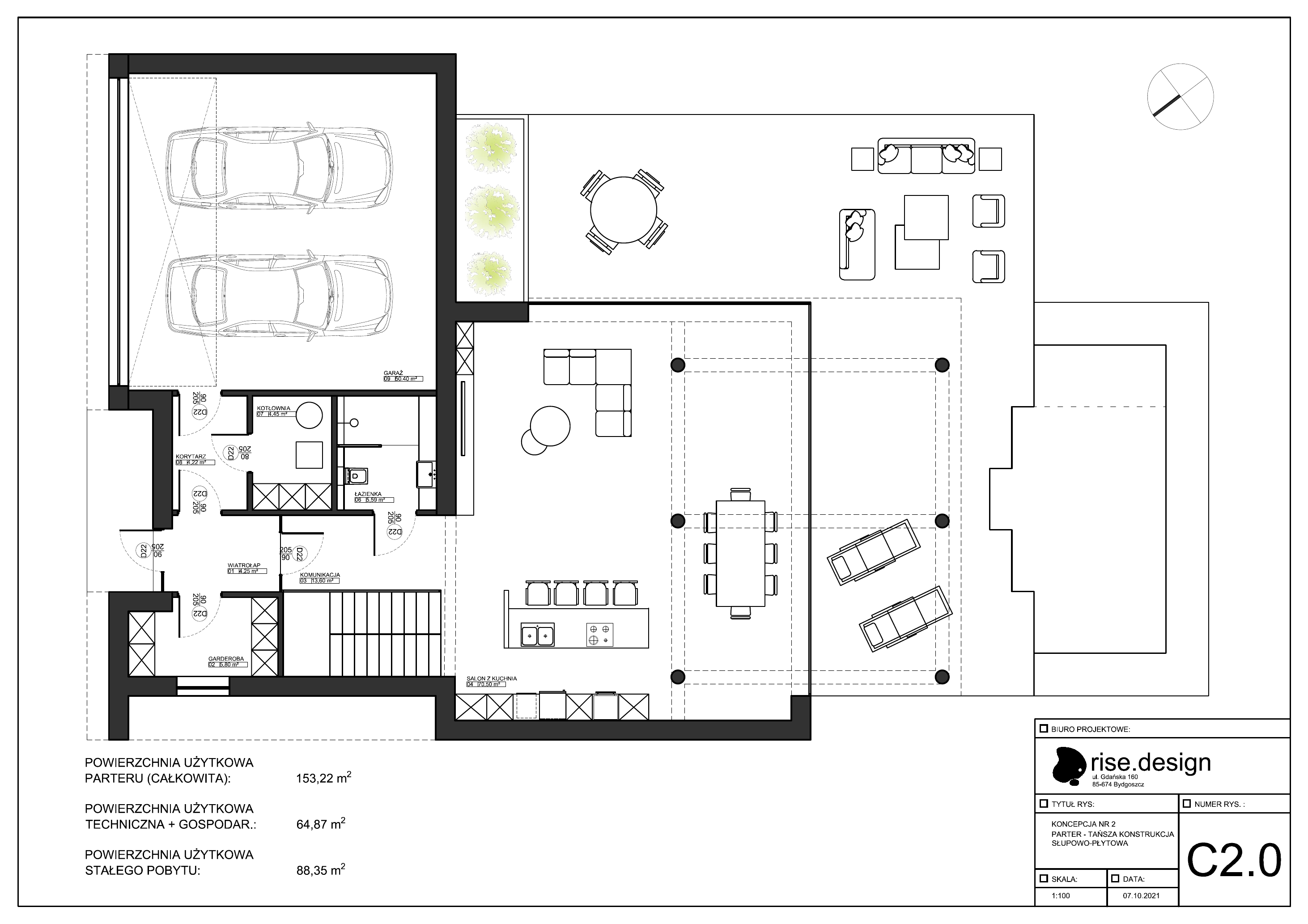 Drawing: concept C1 ground floor plan at 1:100 scale showing 153 square metre layout with 36 square metre salon, 34 square metre kitchen and dining, 50 square metre double garage, and vestibule