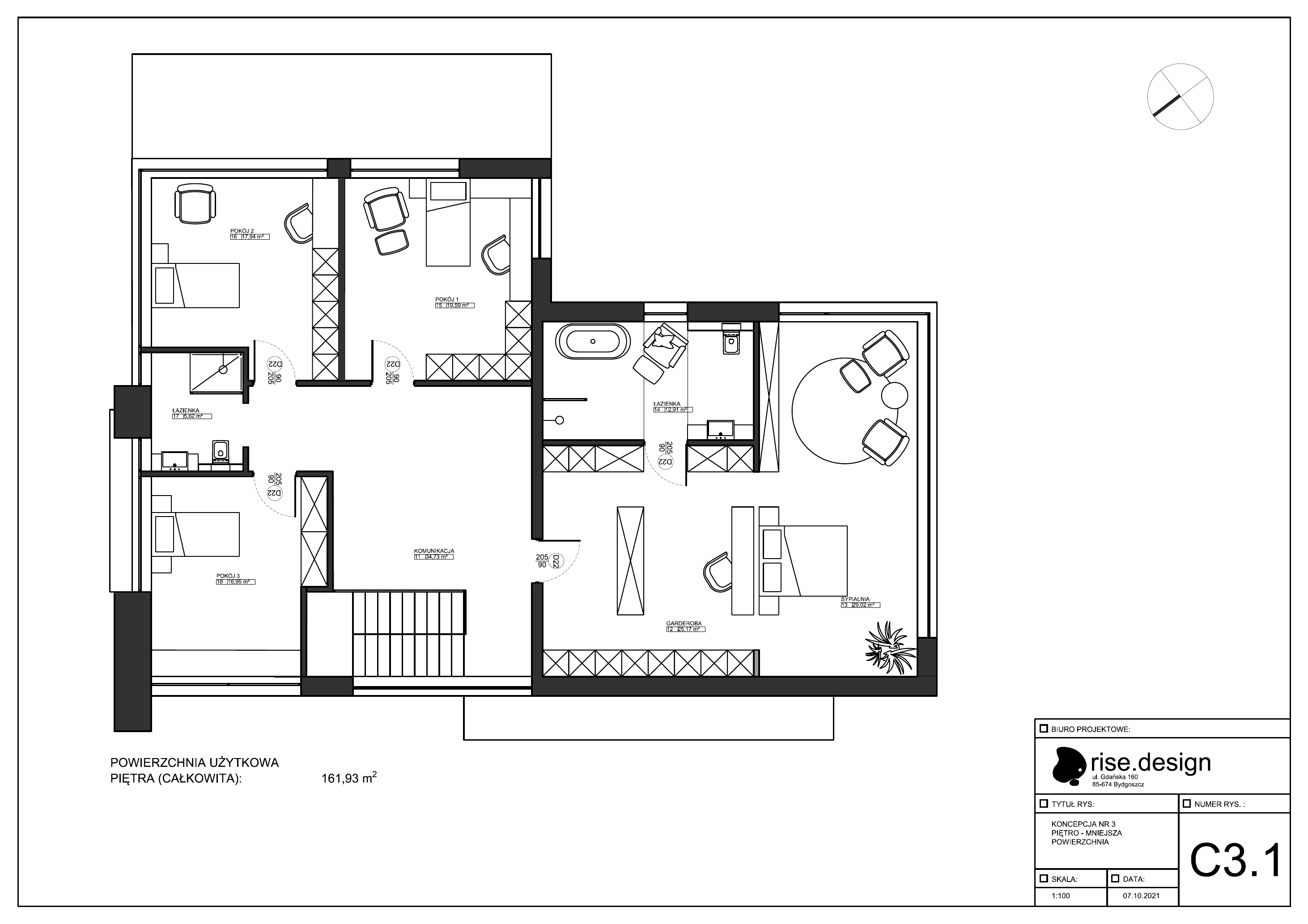 Drawing: concept C1 first floor plan at 1:100 scale showing 183 square metre layout with 42 square metre master bedroom, 15 square metre walk-in closet, 13 square metre ensuite, and three additional bedrooms