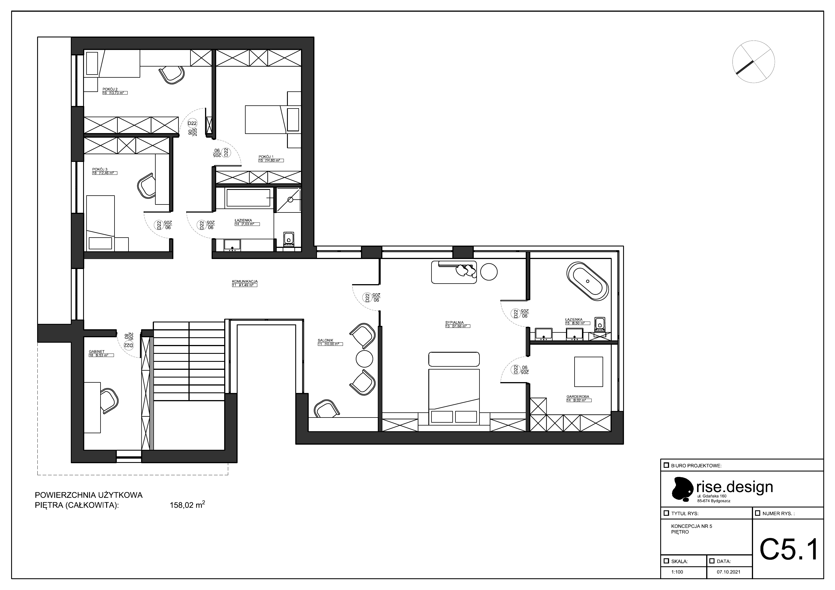 Drawing: concept C4 first floor plan with 125 square metre compact upper layout offering the most economical spatial solution at 271 square metre total usable area