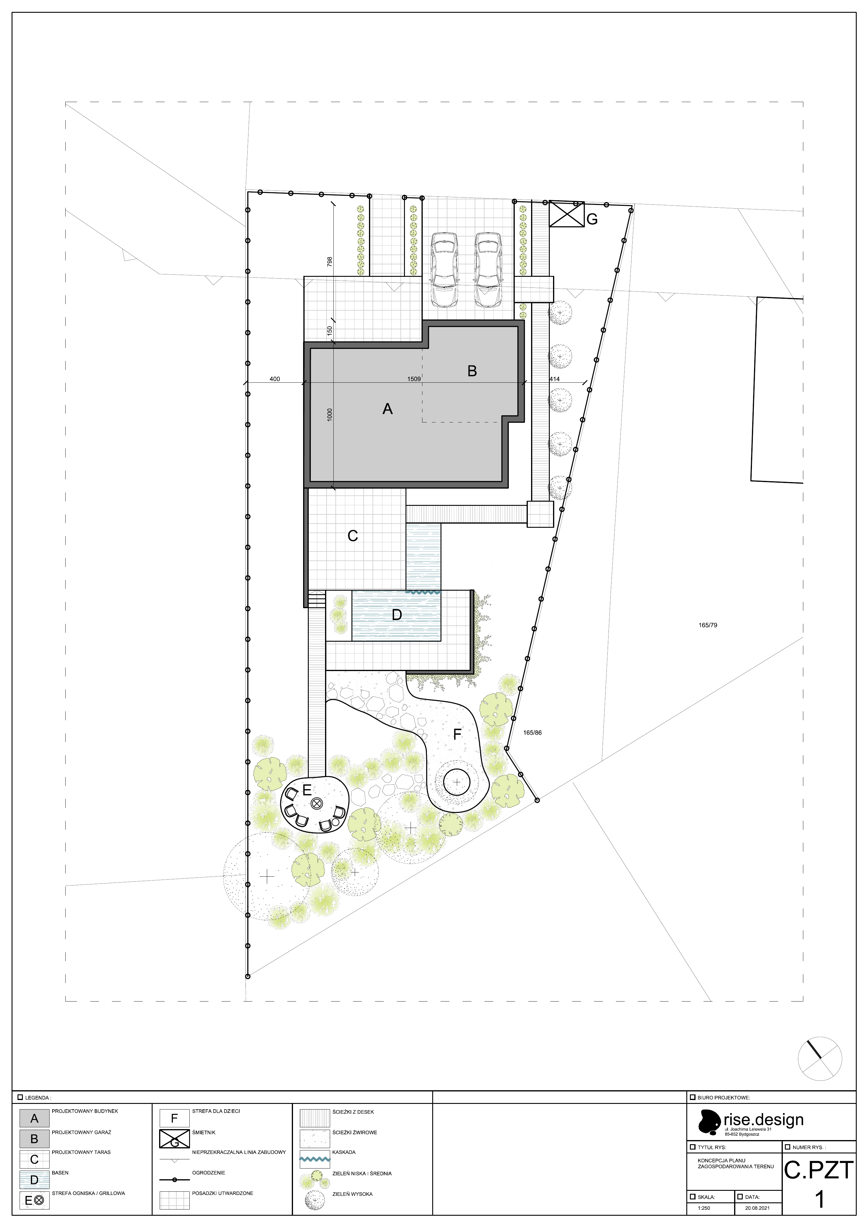 Drawing: concept C5 ground floor plan showing largest 165 square metre ground floor with fully open-plan modern living and kitchen, optimized for south-facing garden connection
