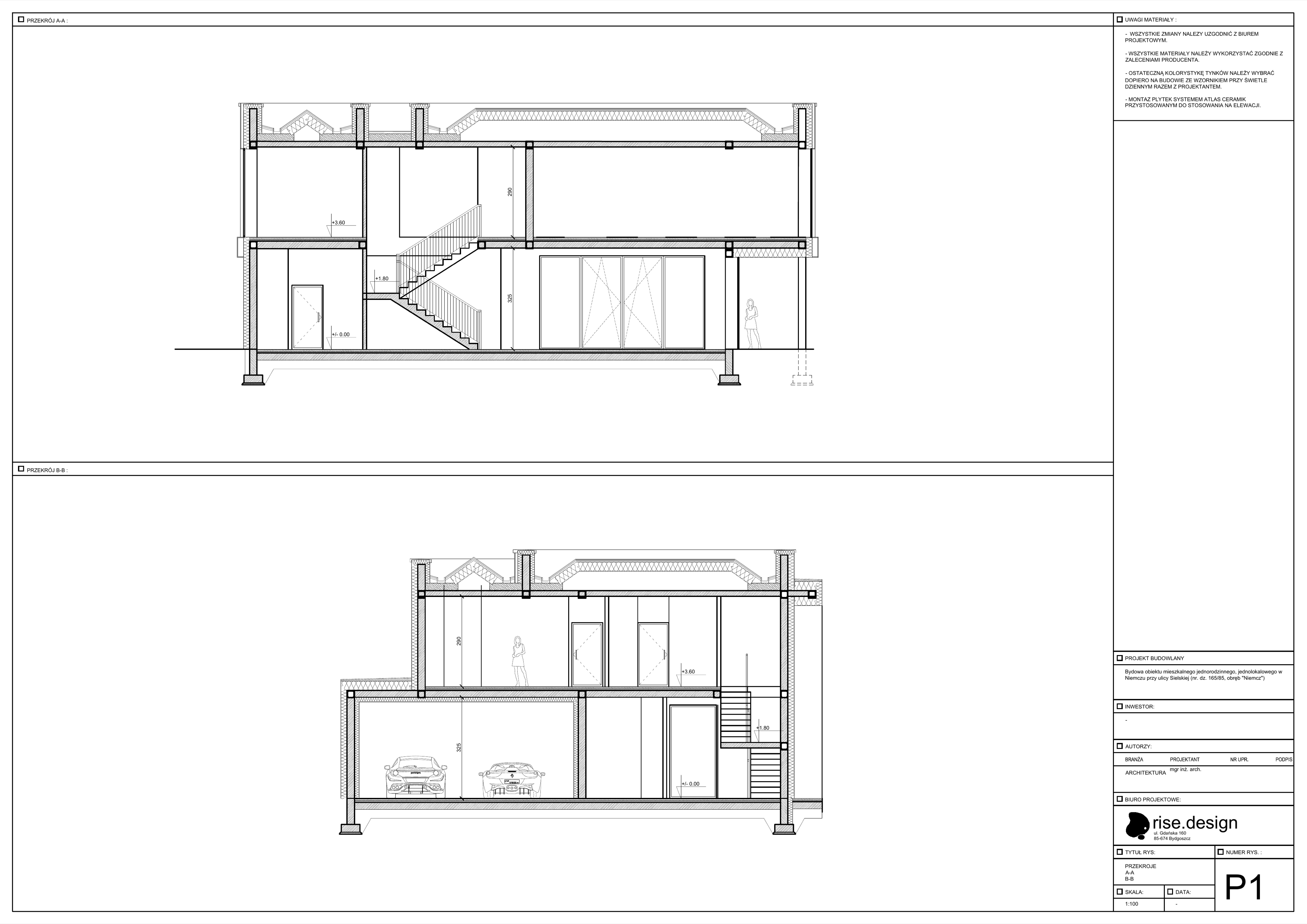 Drawing: east and west side elevations at 1:100 scale with material legend showing black facade panels, white silicone render, and black sheet metal cladding with building height annotations