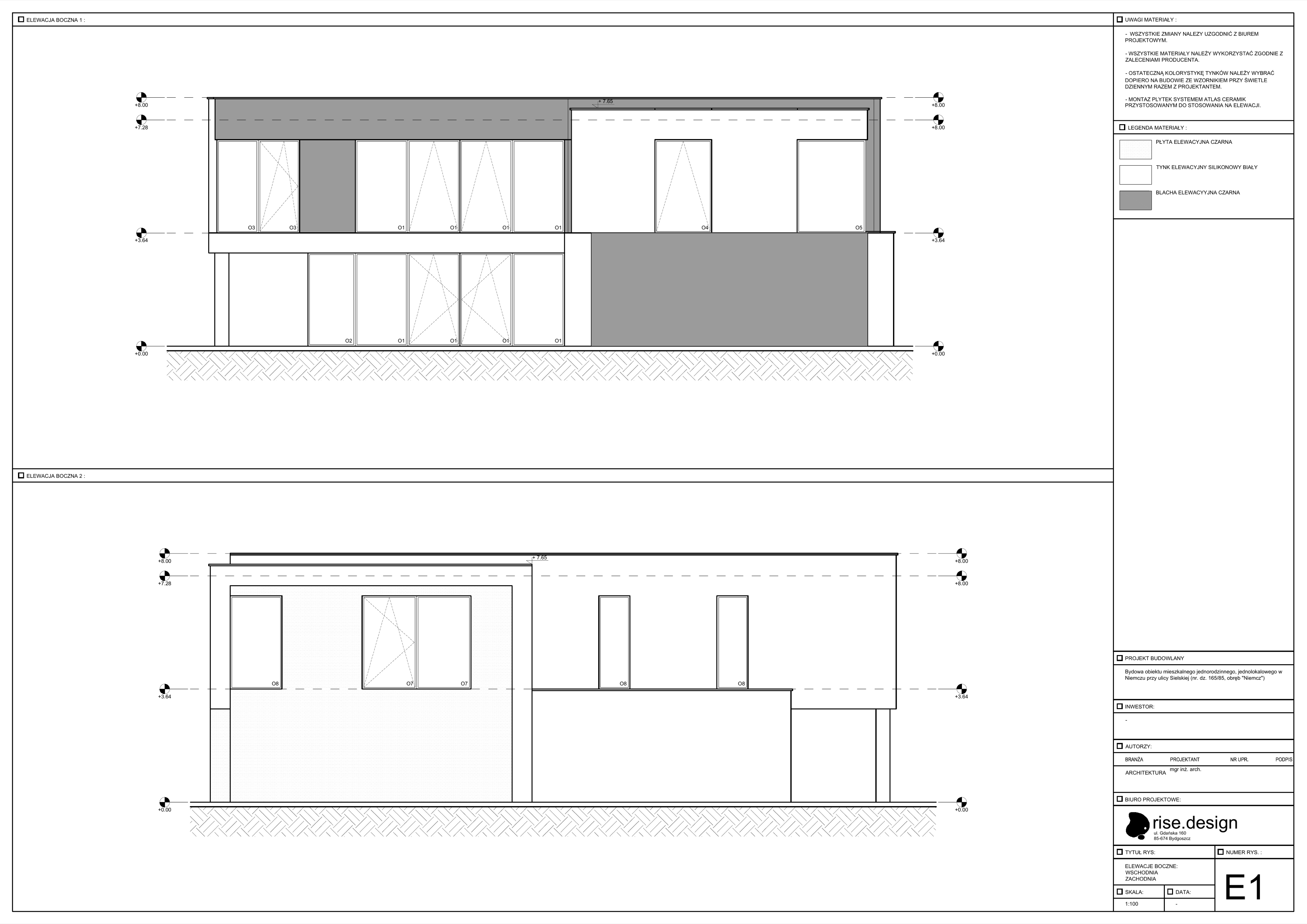Drawing: north front and south rear elevations at 1:100 scale showing cantilevered upper volume, exposed concrete pillars, 828 centimetre garden sliding system, and flat roof at plus 8.50 metres