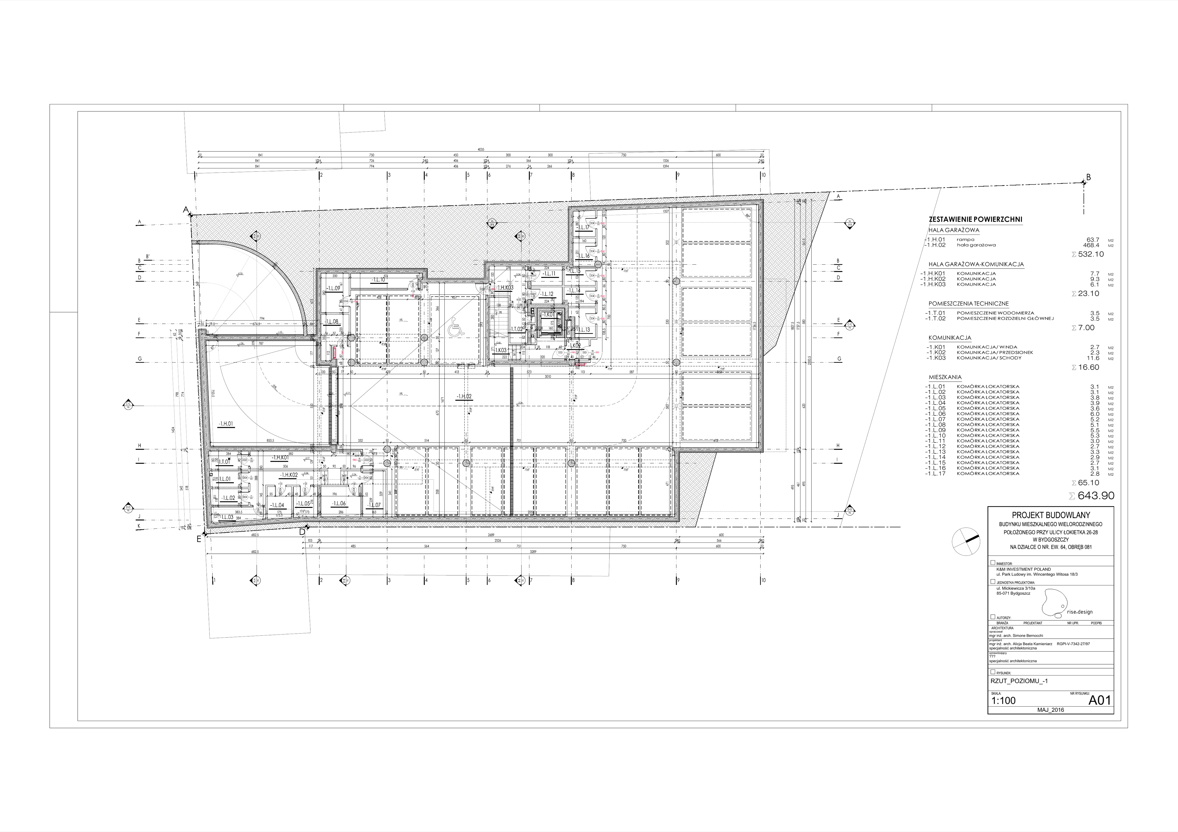 Drawing: site development plan at 1:500 scale showing four-storey residential block positioning on 1488 square metre plot at ul Lokietka Bydgoszcz with landscaping and access routes