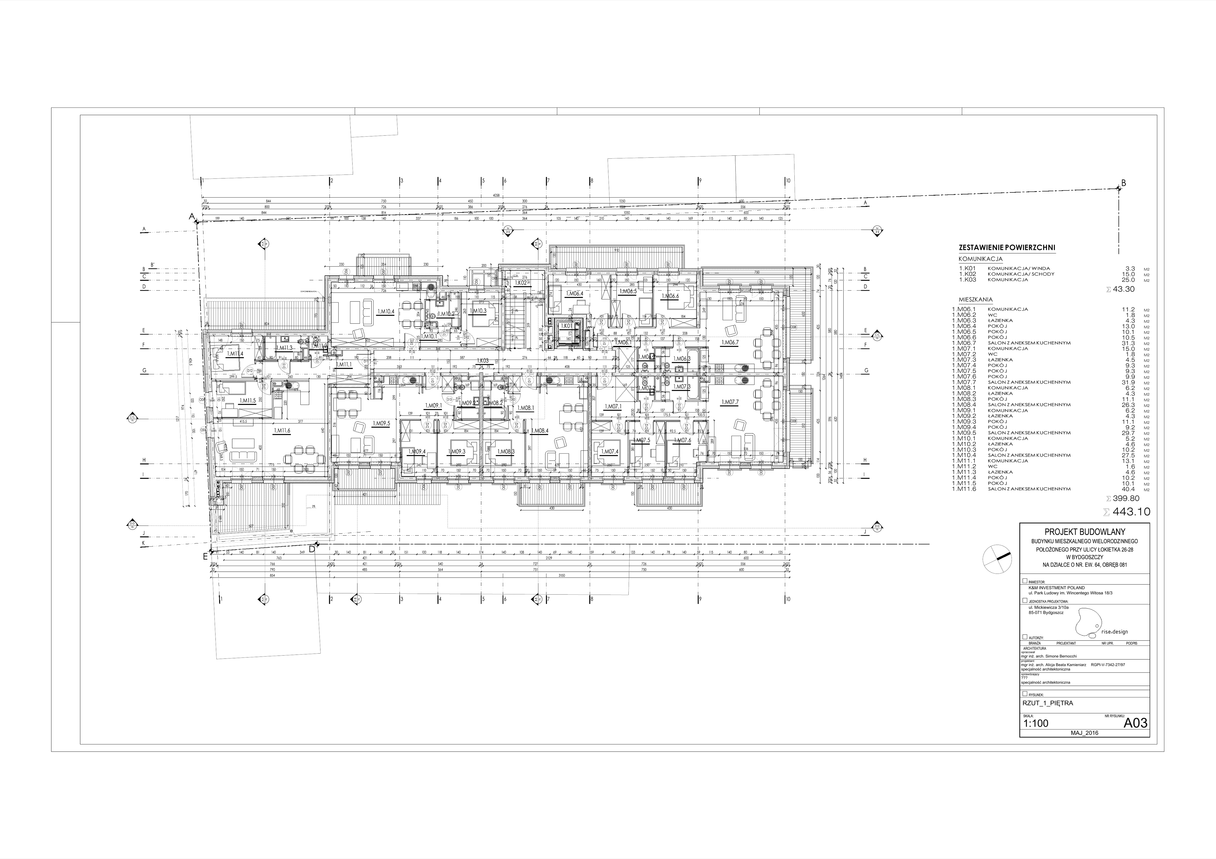 Drawing: ground floor plan at 1:100 showing five residential apartments M01 to M05, boiler room, waste storage, entrance vestibule with elevator and staircase access