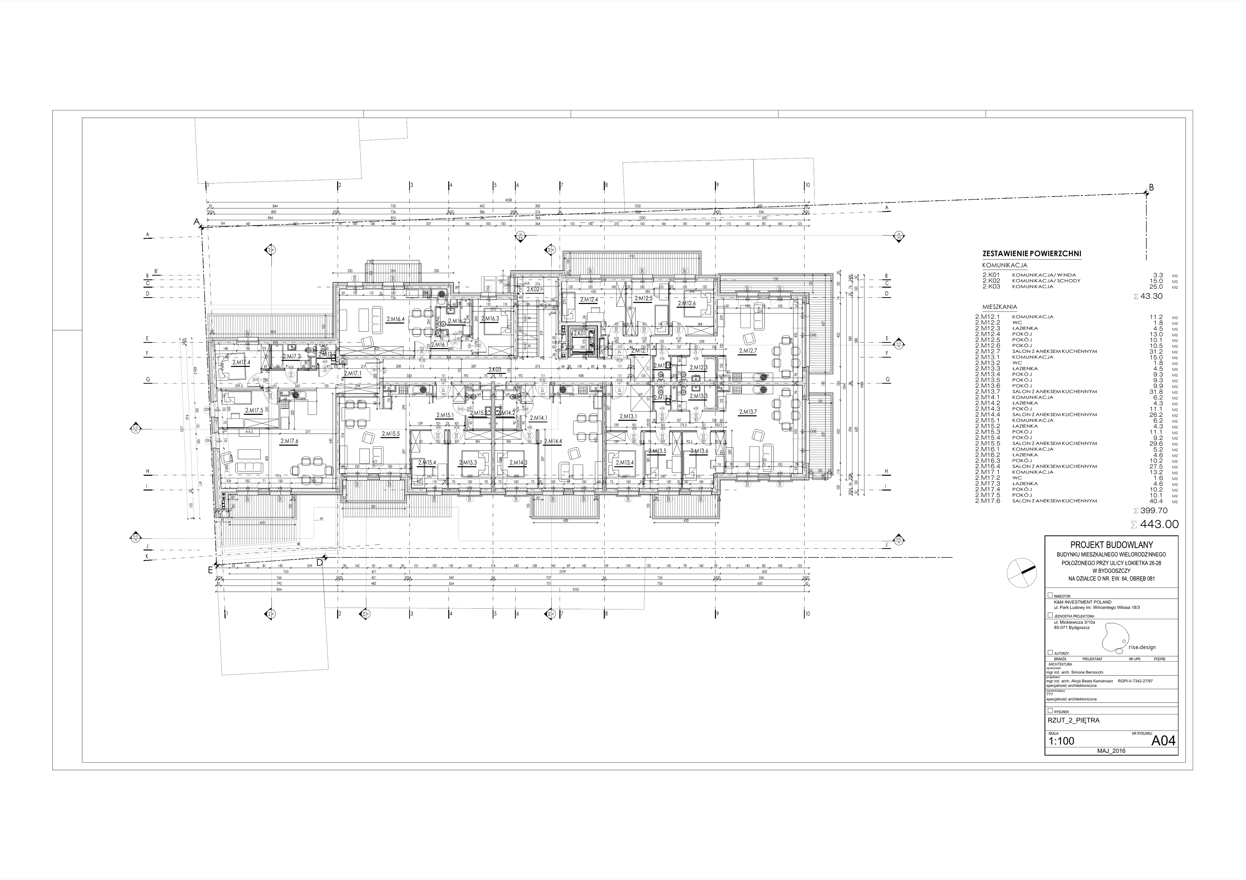 Drawing: first floor plan at 1:100 showing six residential apartments M06 to M11 with circulation core containing elevator, staircase, and corridor connections