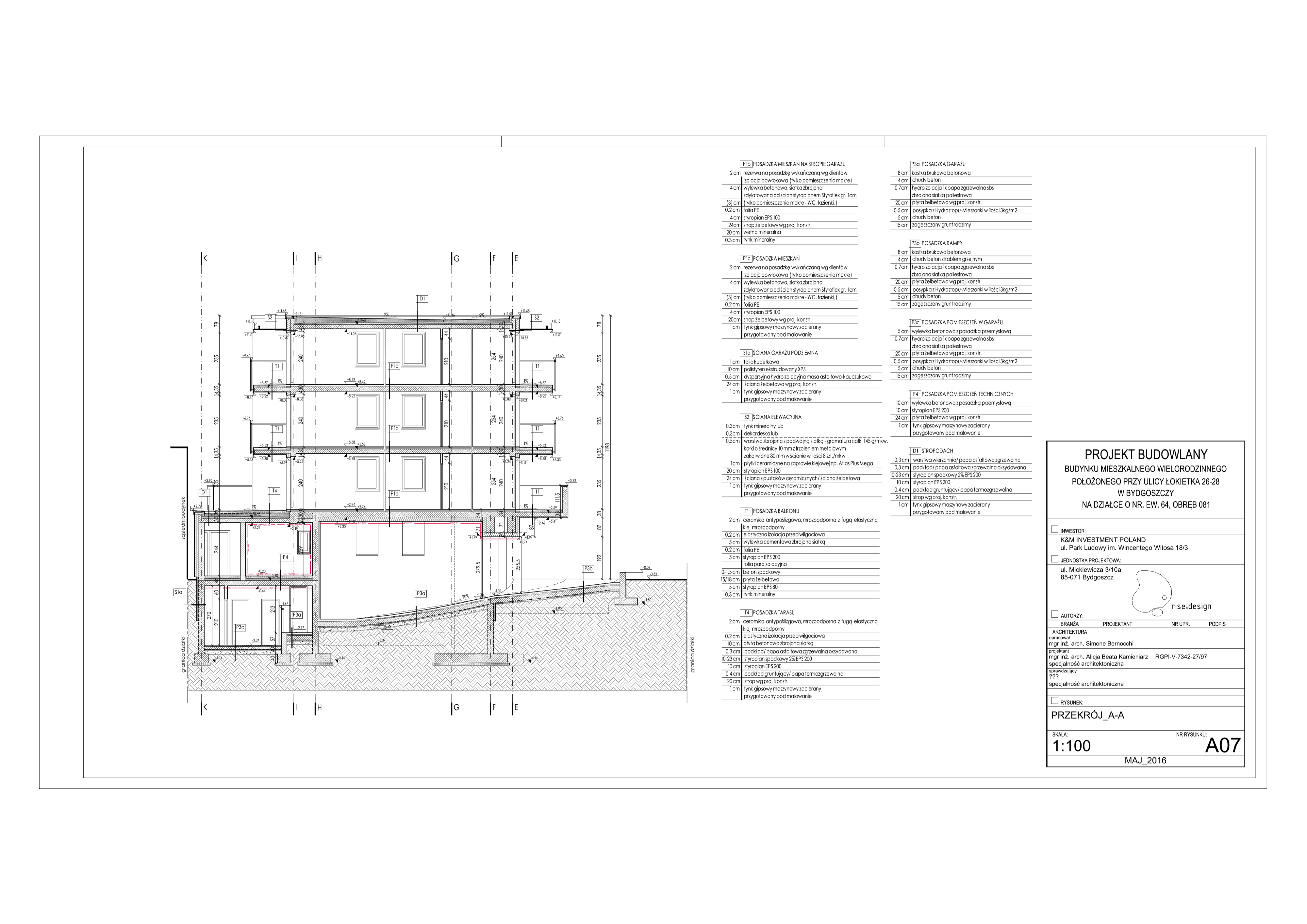 Drawing: roof plan at 1:100 showing flat roof with 2-percent slope bituminous membrane, partial green roof section, and skylight positioning over central stairwell