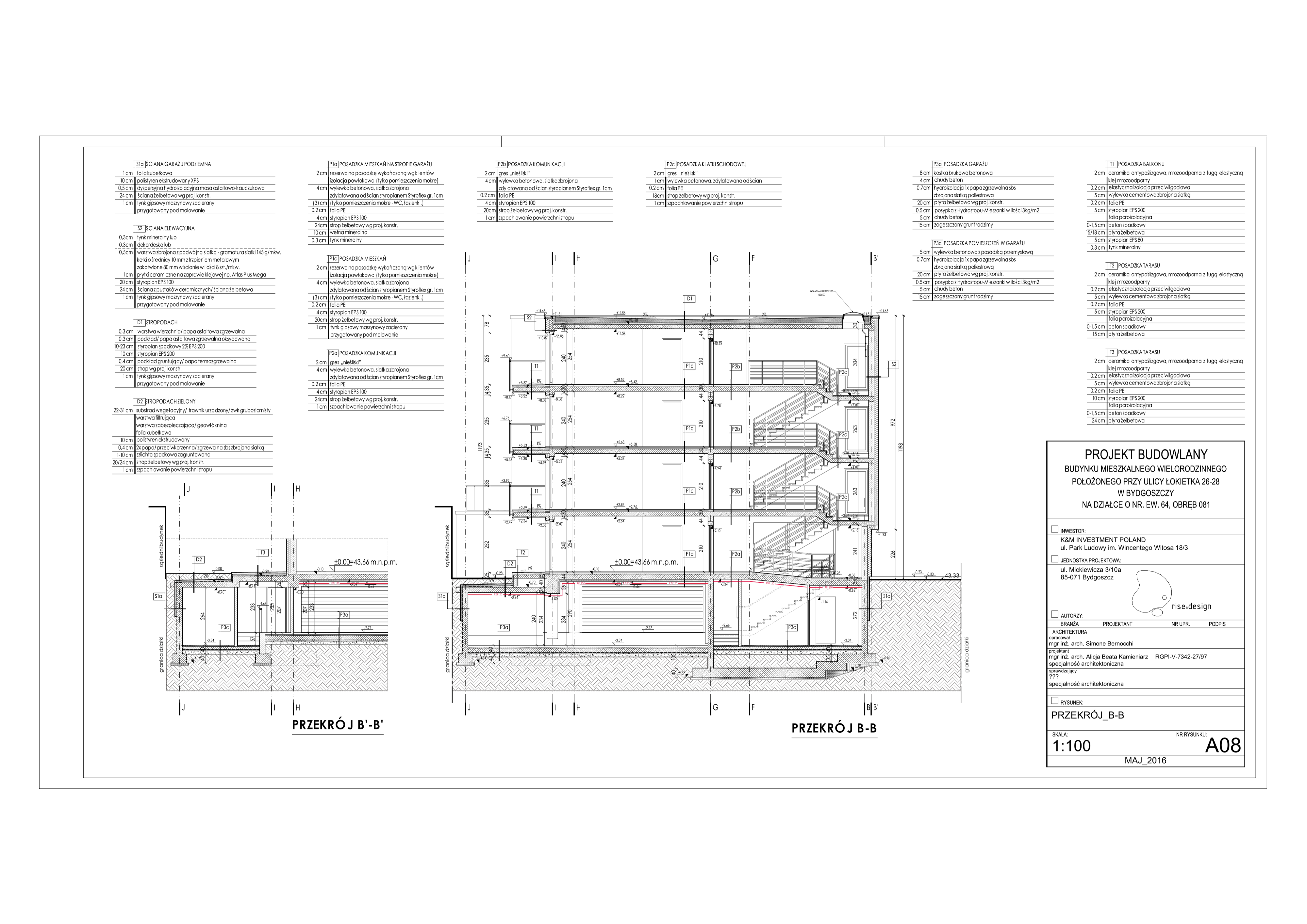 Drawing: section A-A longitudinal cut at 1:100 showing four above-ground floors plus underground parking level with 11.98 metre total building height