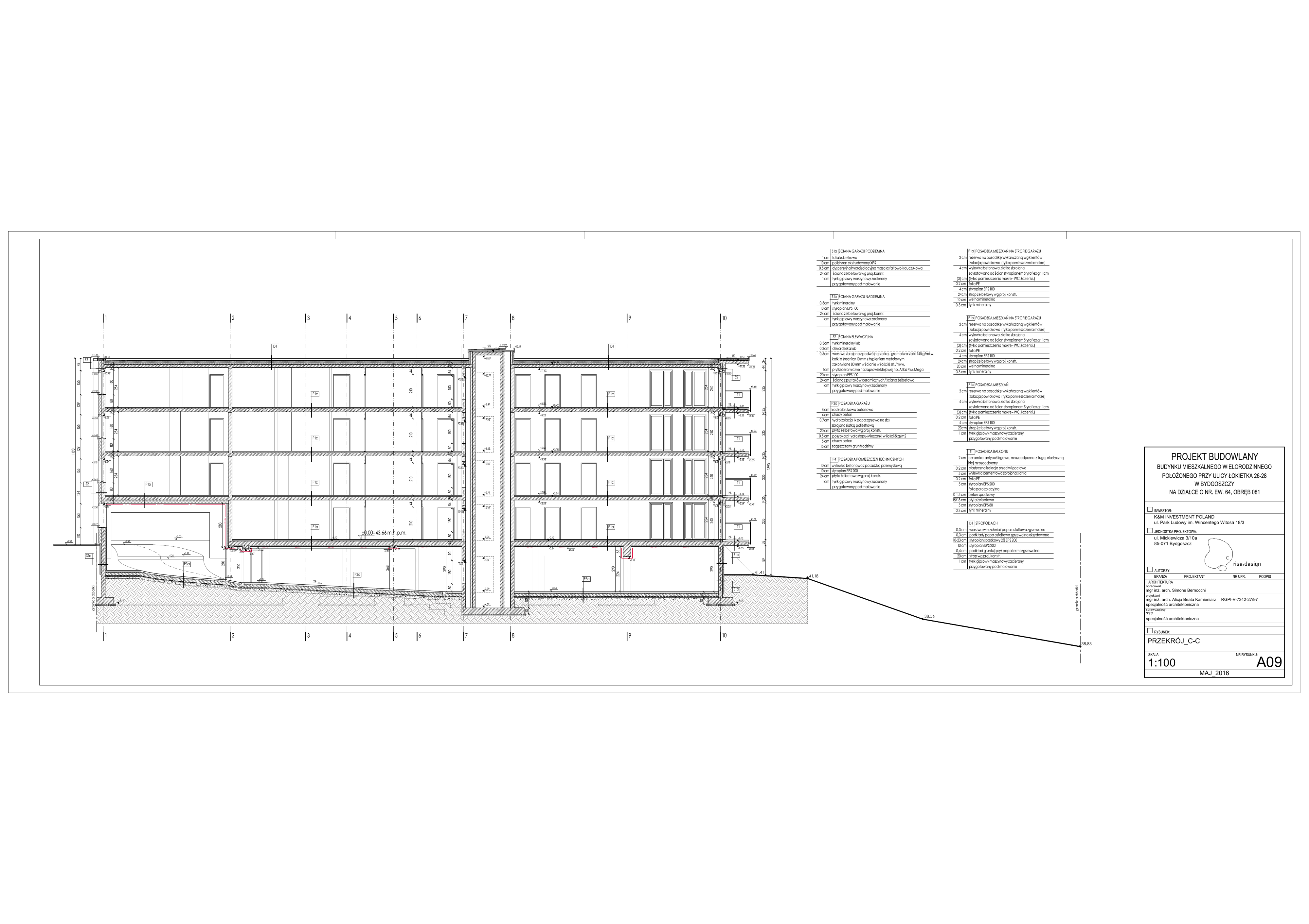Drawing: section B-B transverse cut at 1:100 showing apartment floor-to-floor heights, reinforced concrete structure, and underground garage to residential transition