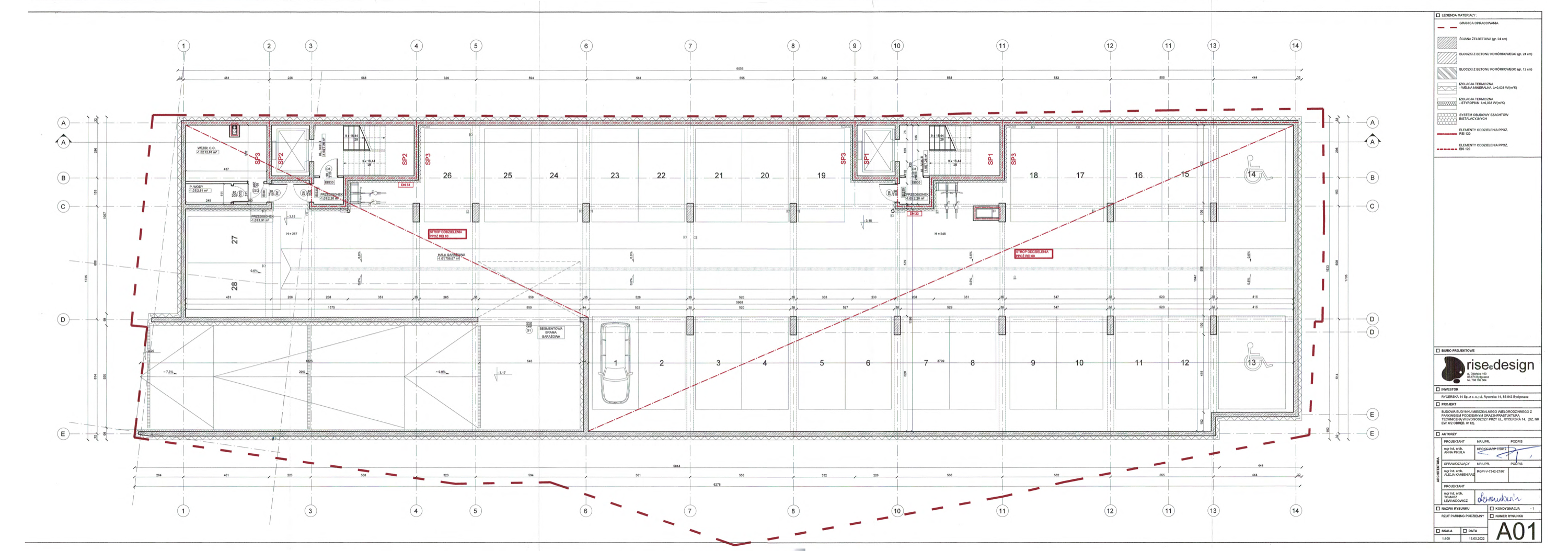 Cross-section A-A showing building height, floor levels, underground garage, and structural organization through the residential block