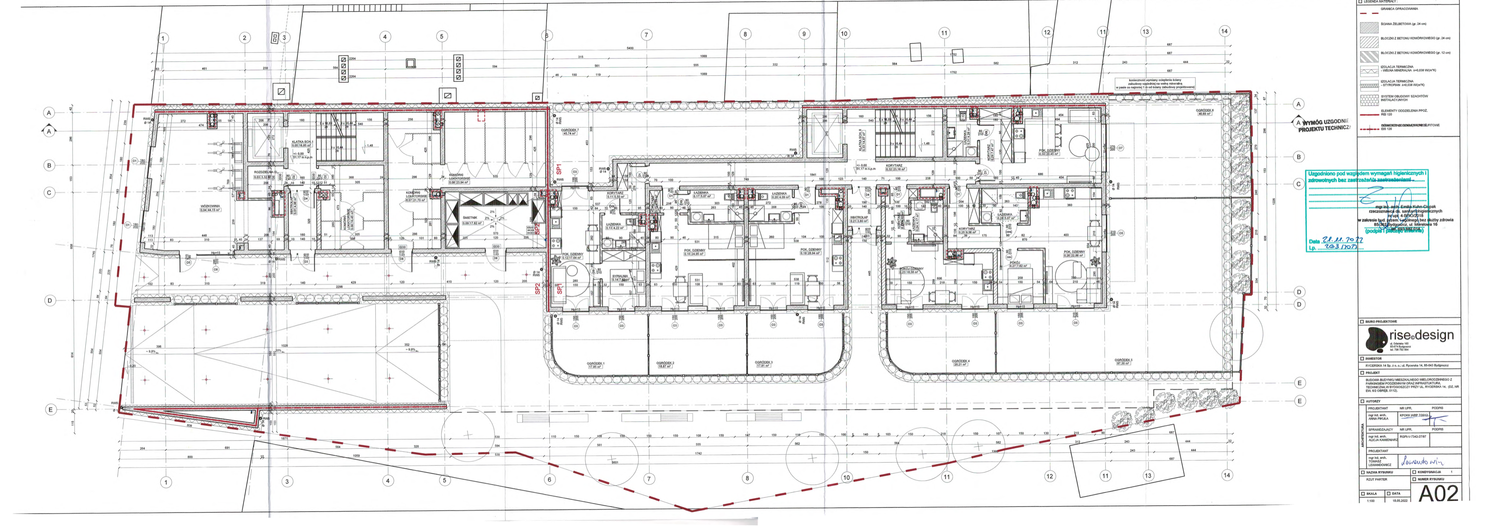 Longitudinal section B-B showing apartment depths, corridor arrangement, elevator core, and front-to-courtyard relationship