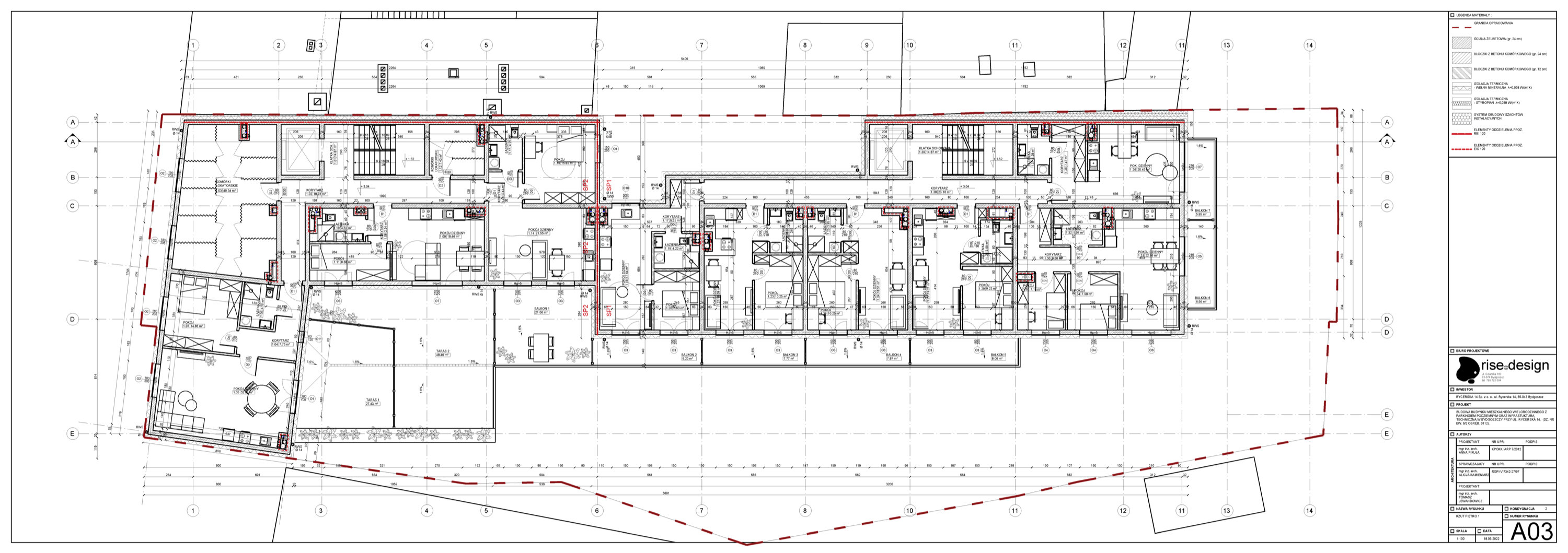 South elevation A11 showing complete street-facing facade with balcony projections, material zones, and ground-floor commercial glazing