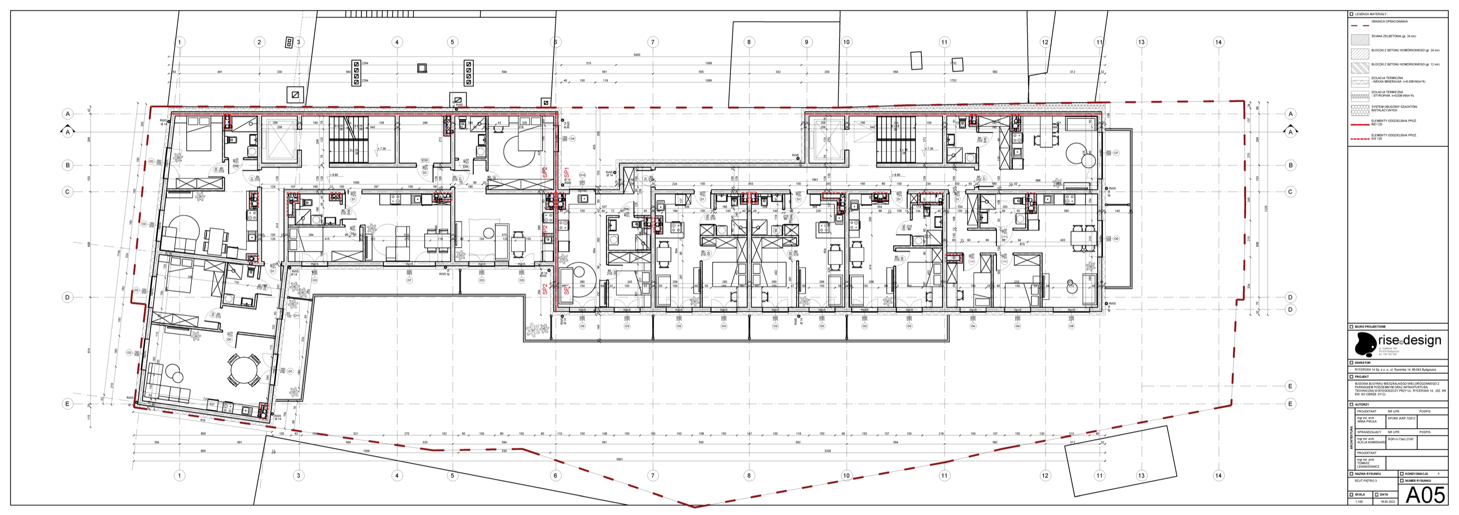 Ground floor plan A02 showing apartment layouts, commercial units, entrance lobby, elevator core, and garage ramp access