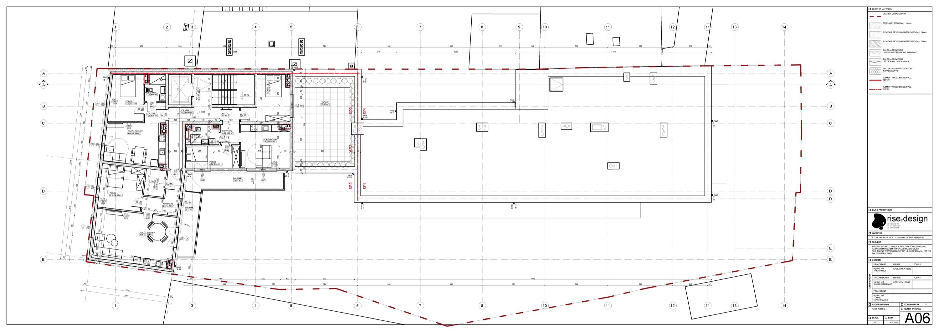Top floor plan A06 showing stepped building footprint with reduced floor plate, terrace areas, and penthouse arrangements