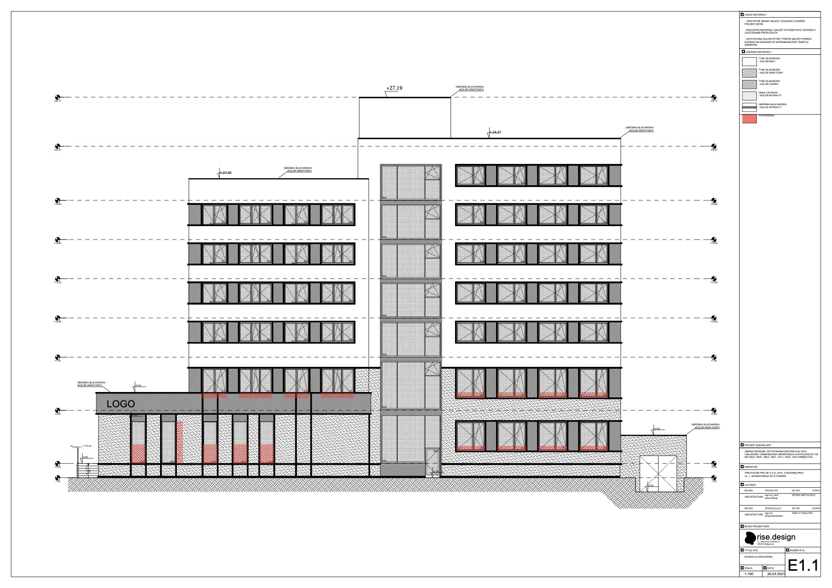 Drawing: architectural elevation E1 showing the front facade of S House with Cembrit fibre-cement panel system, window rhythm, ground floor commercial frontage, and rooftop element