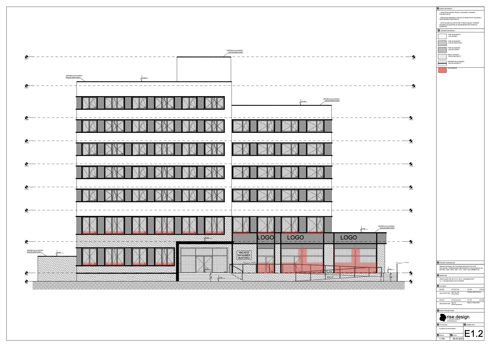 Drawing: architectural elevation E2 showing the side facade of S House with balcony positions, window openings, and ventilated facade panel layout