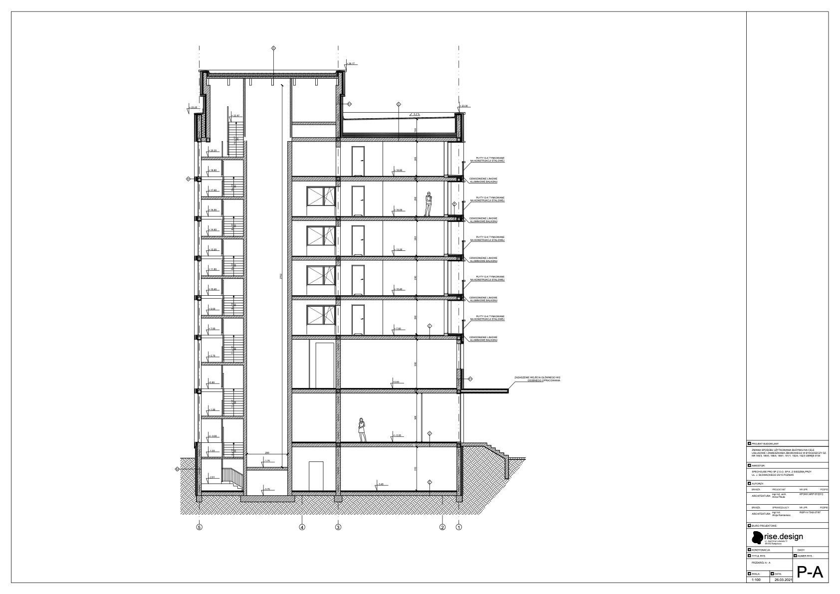 Drawing: floor plan P1 showing ground floor and first floor layout with commercial units, lobby, elevator core, and apartment distribution