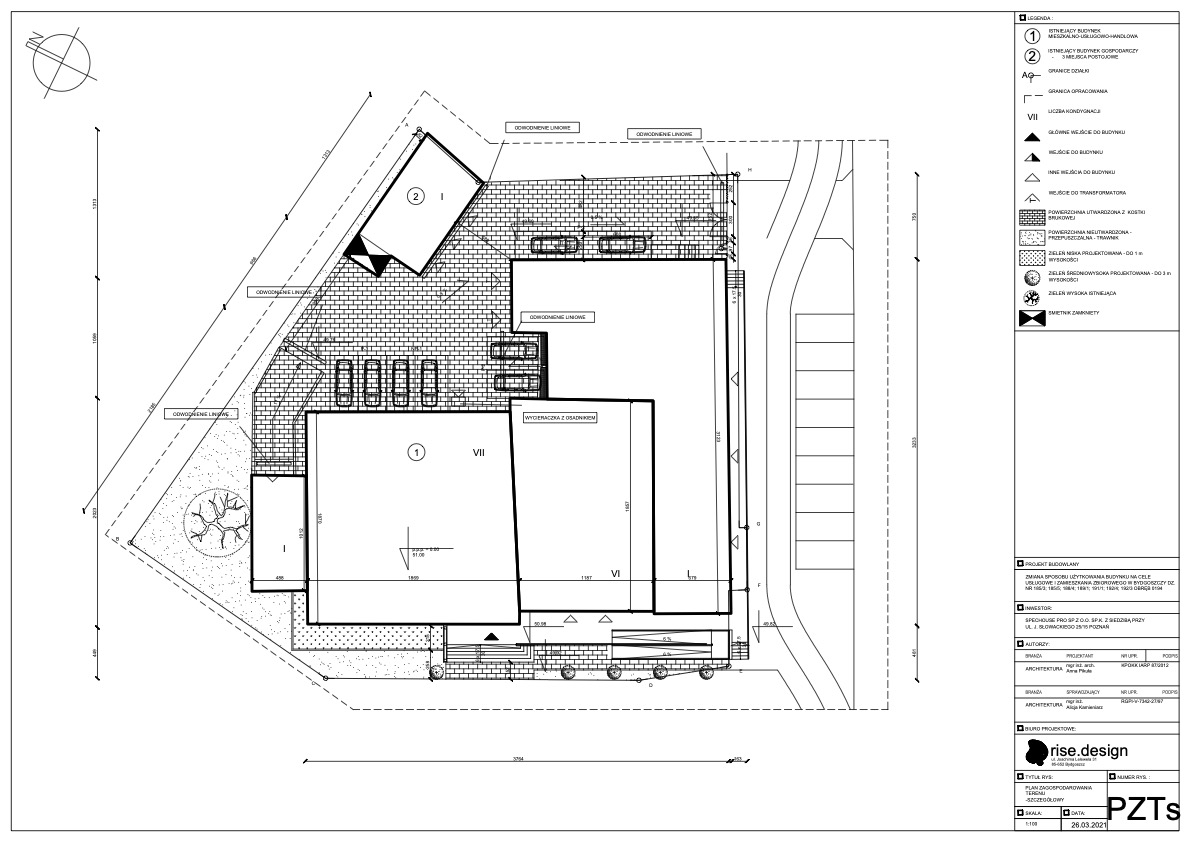 Drawing: site development plan showing S House plot boundaries, pedestrian access, tram stop proximity, and landscape elements on ul. Chodkiewicza
