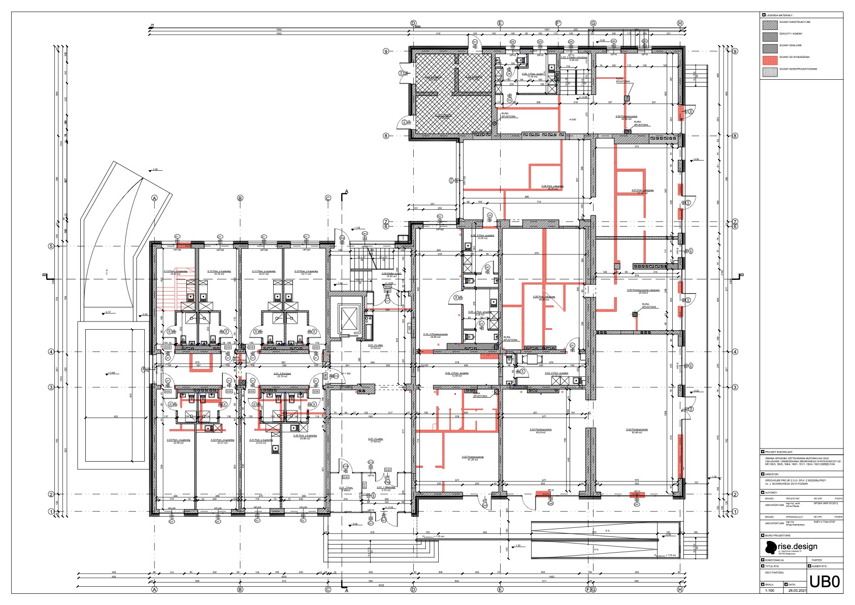 Drawing: building section showing the eight-storey structure with floor-to-floor heights, facade build-up, and the W-category high-rise classification at 27.46 metres