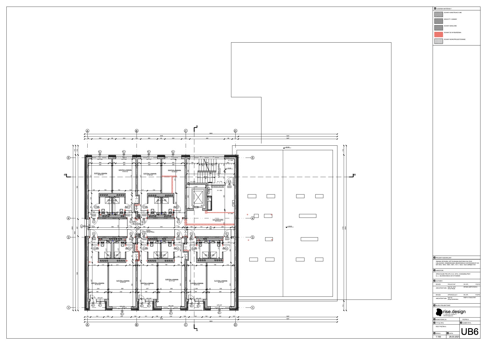 Drawing: building section showing sixth floor detail with apartment internal layout, ceiling heights, and structural connections within the prefabricated concrete shell