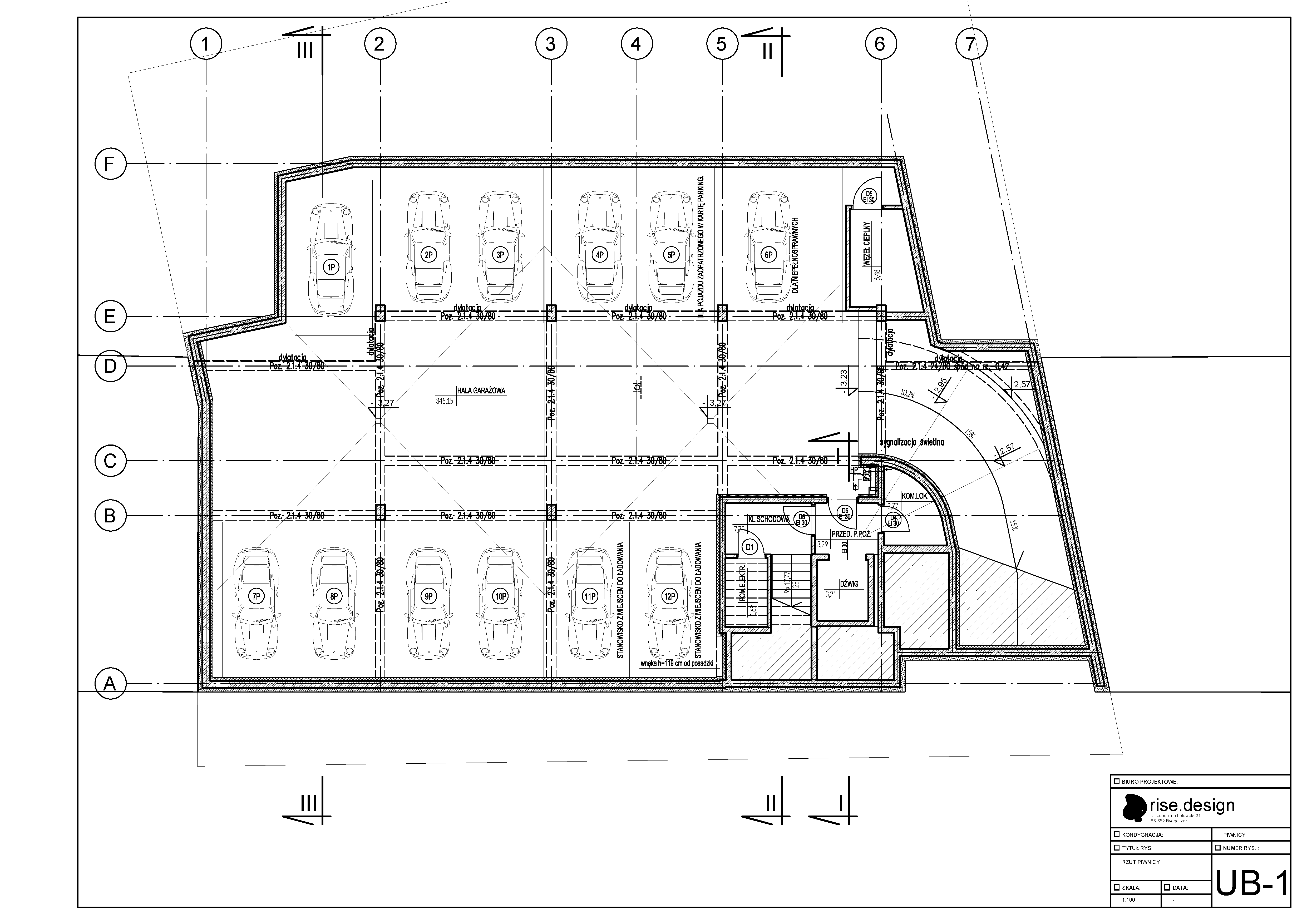 Drawing: basement level floor plan showing underground parking garage layout with twelve numbered spaces and elevator shaft at 1:100 scale