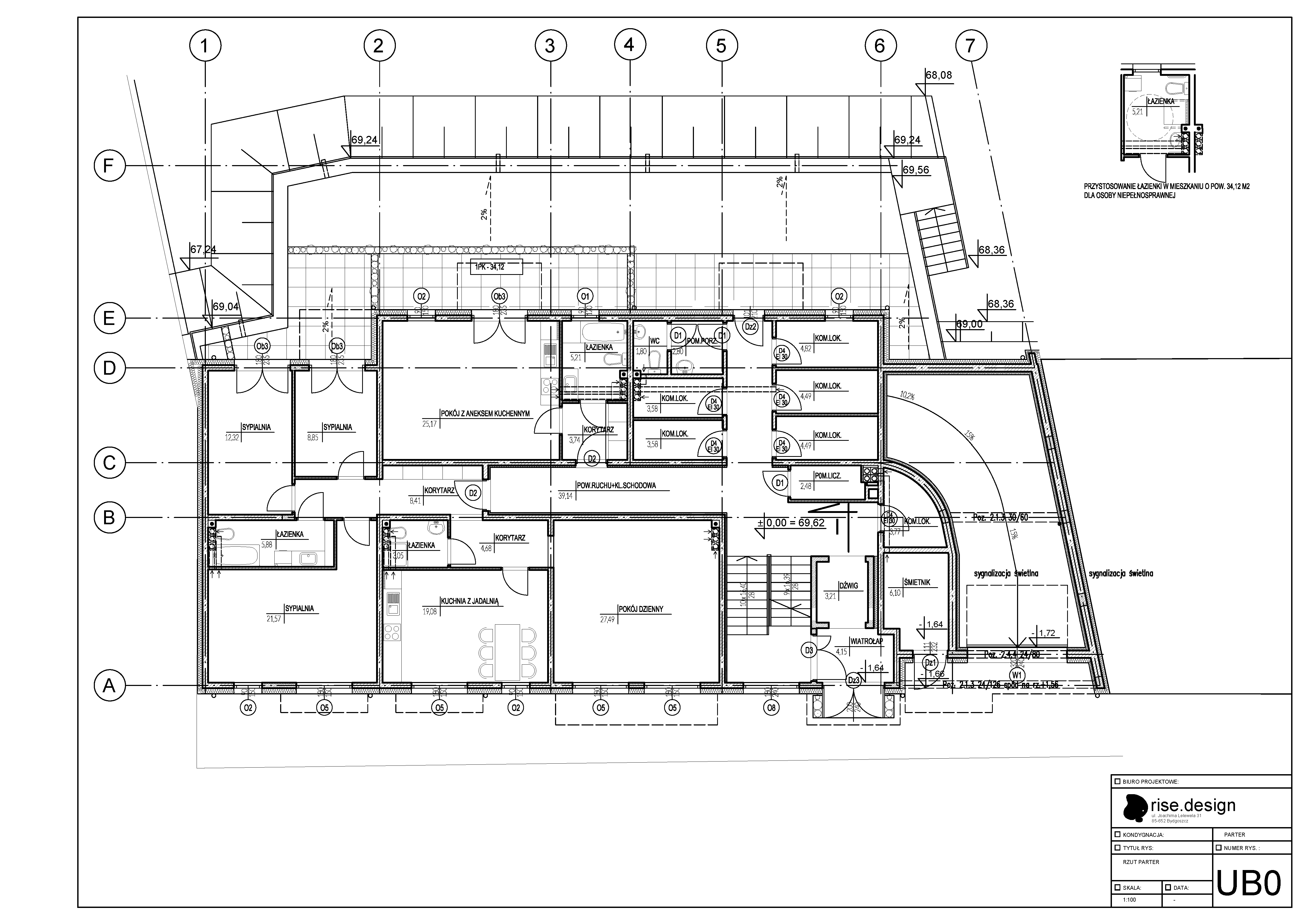 Drawing: ground floor plan showing two apartments including the 111 square metre four-room unit, vestibule, tenant storage rooms, and waste room with staircase core