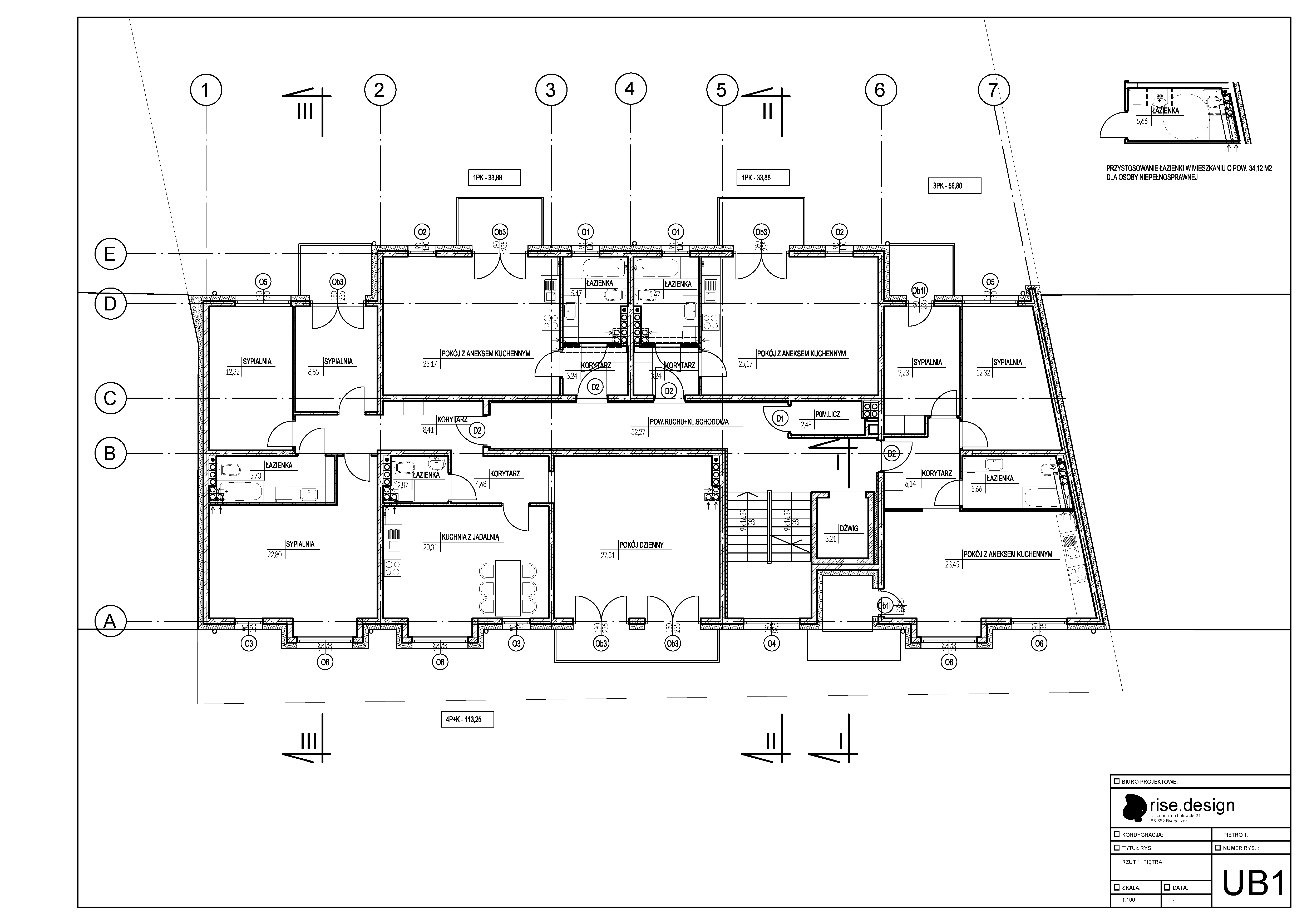 Drawing: first floor plan with four apartments ranging from studio to four-room units, accessible bathroom adaptation, and central staircase with elevator at 1:100 scale