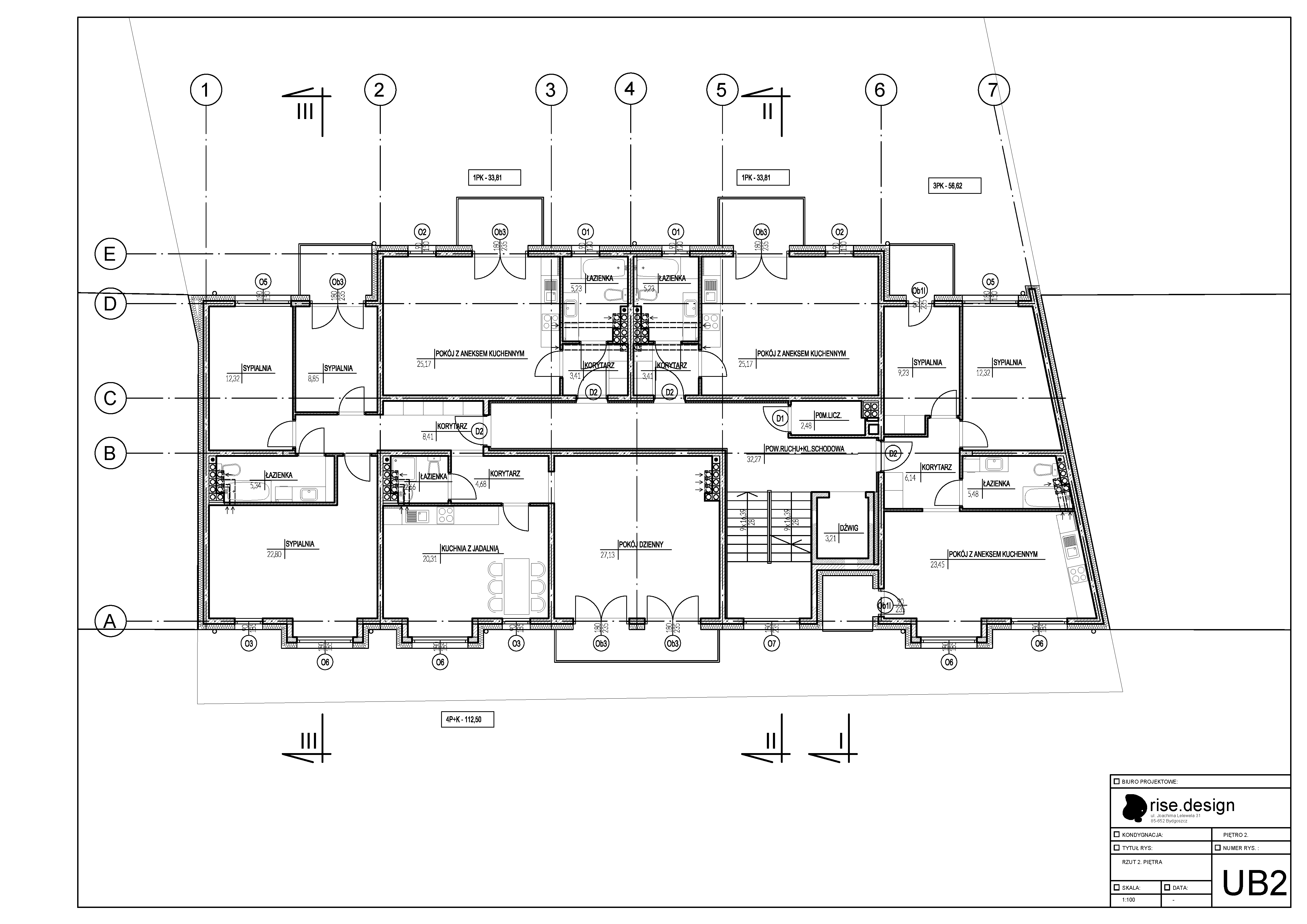 Drawing: second floor plan showing four residential units with similar layout to first floor, meter room, and circulation areas within the four-storey building