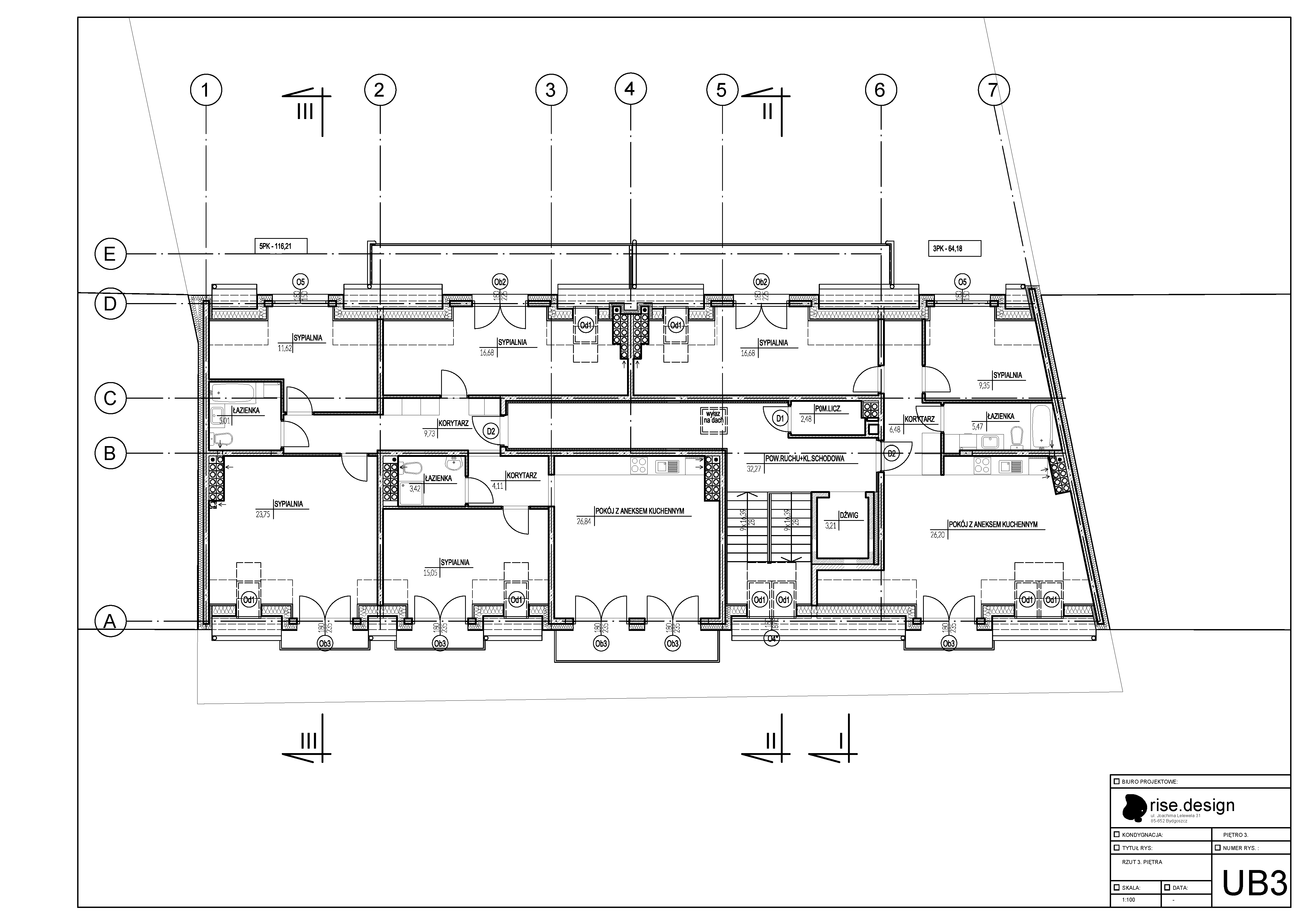 Drawing: attic floor plan with two apartments under 40-degree pitched roof showing the five-room 116 square metre unit and three-room 64 square metre unit with dormers