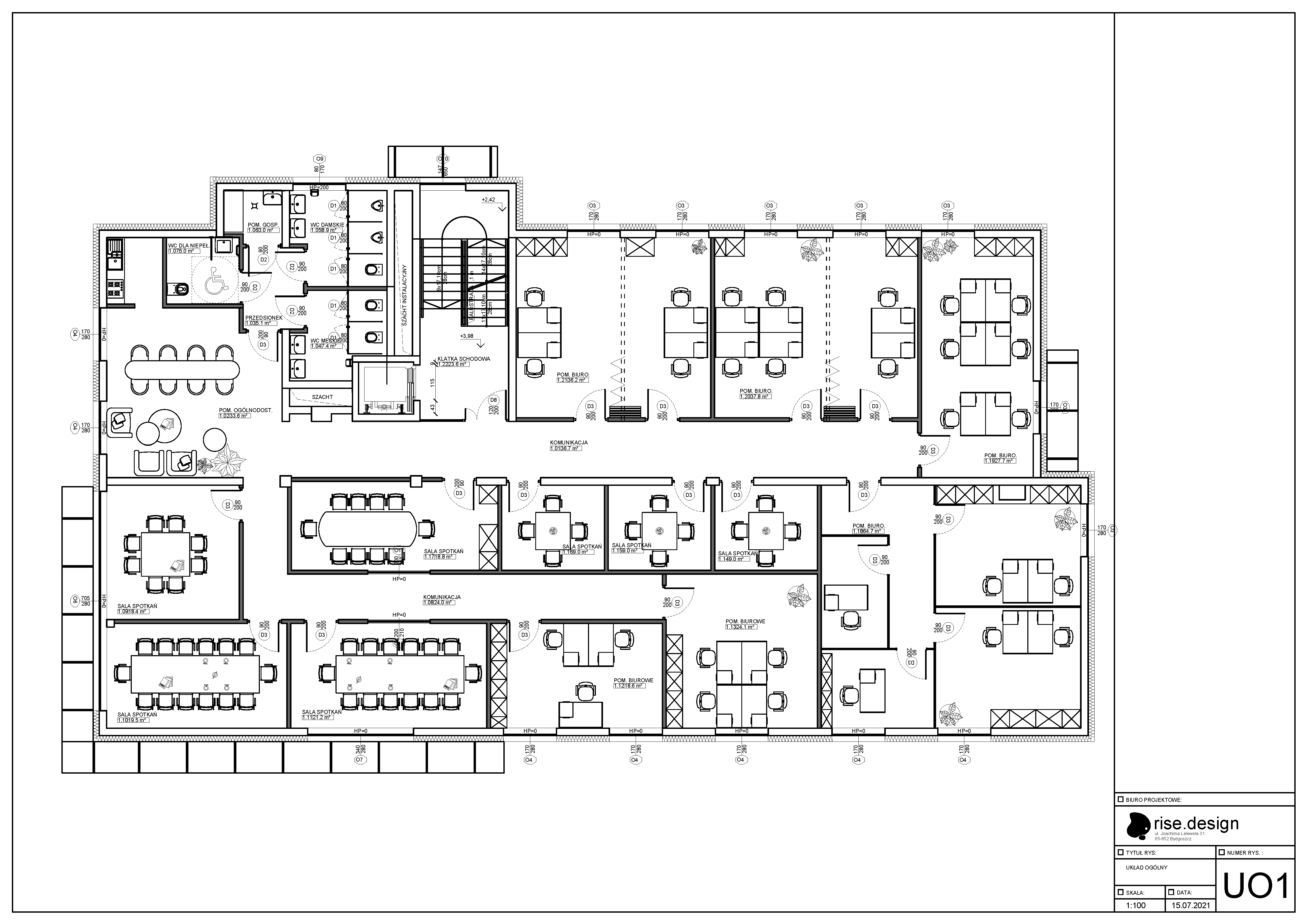 Drawing: south elevation E4 showing the principal facade composition with beige stone base, silicone plaster in two tones, geometric facade panels, horizontal steel louvers, and twelve distinct window types
