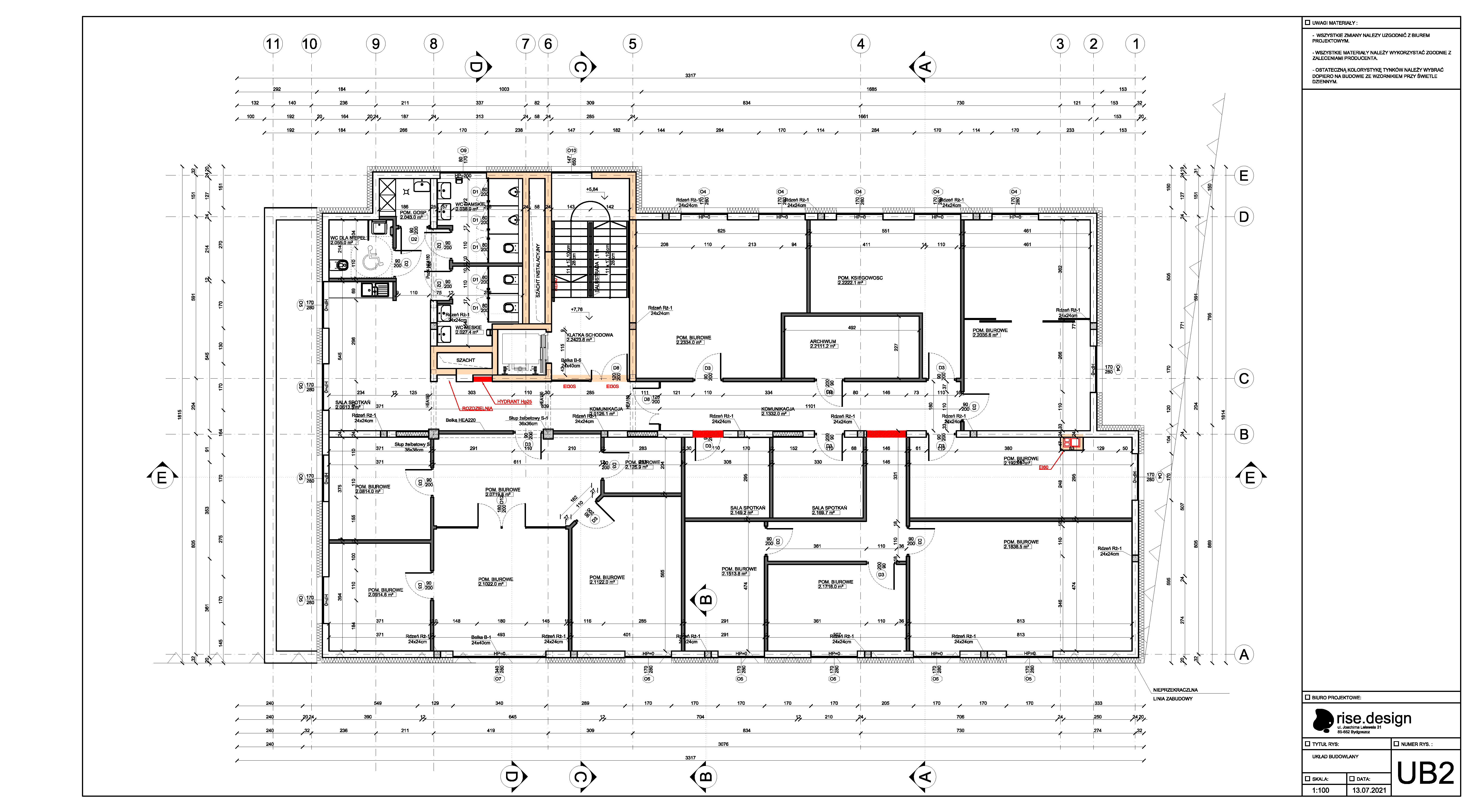Drawing: north elevation E2 showing the illuminated 3D Borromean rings foundation logo mounted between axes 9 and 10, steel louvers along roofline, and building width of 32 metres