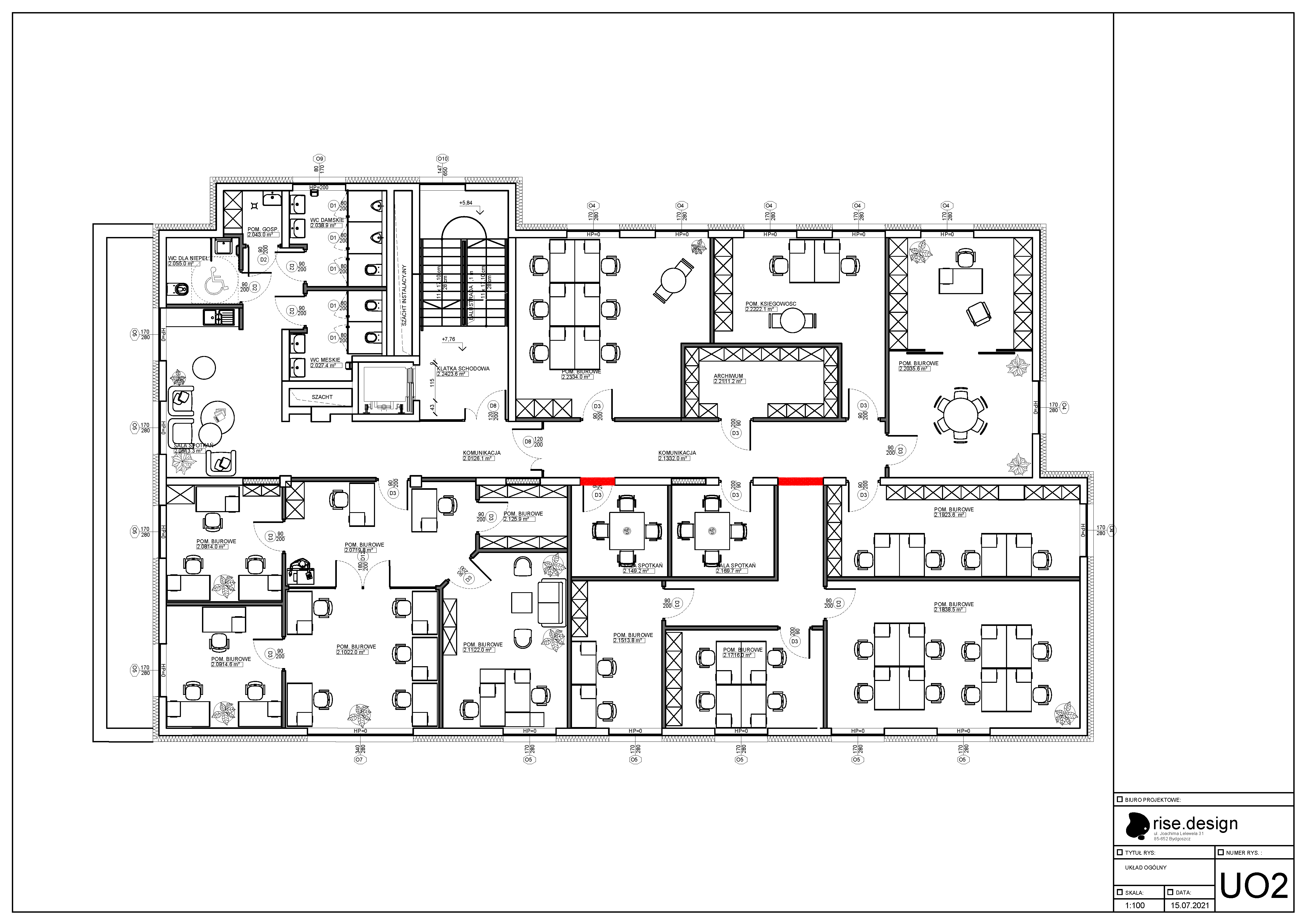 Drawing: 3D axonometric furnished floor 2 plan showing all offices, paired mega-boardroom with open partition concept, executive lounge with wing chair, and accounting department layout