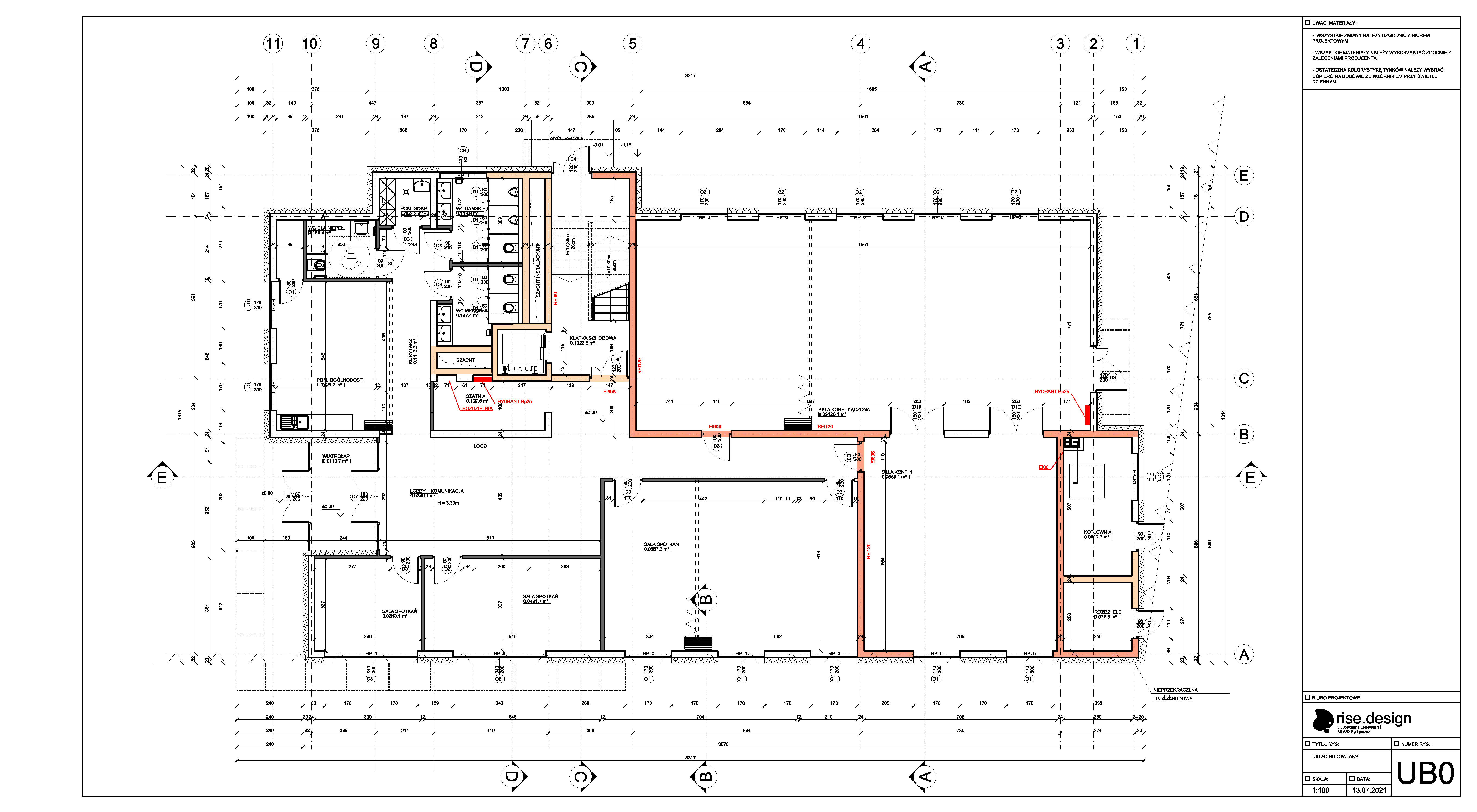 Drawing: ground floor building layout plan UB0 at 1:100 scale showing lobby, reception, auditorium, conference rooms, kitchen break area, WC facilities, and central staircase and elevator core
