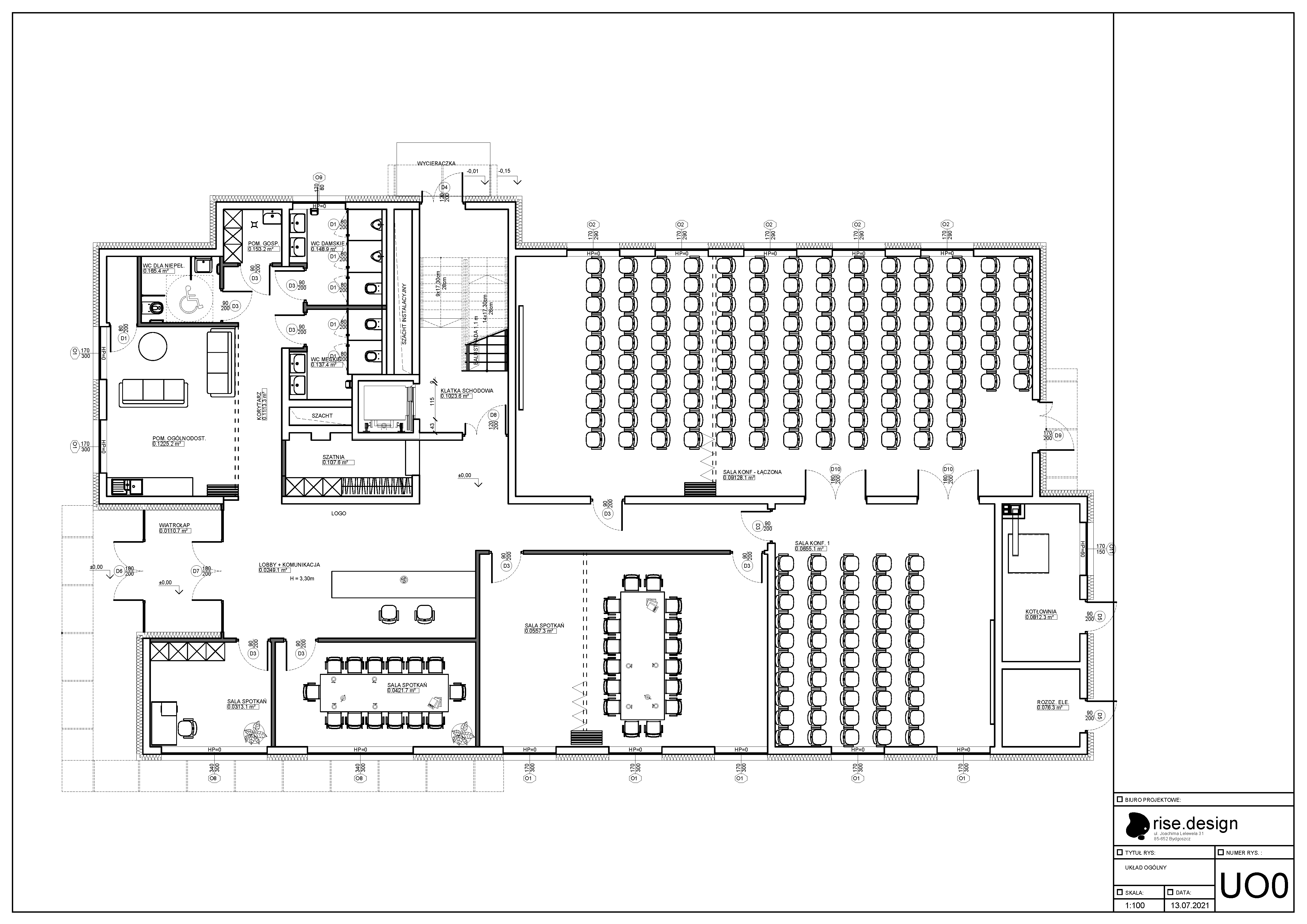 Drawing: floor 1 building layout plan UB1 at 1:100 scale showing office spaces, meeting rooms, guest room, and central staircase continuation