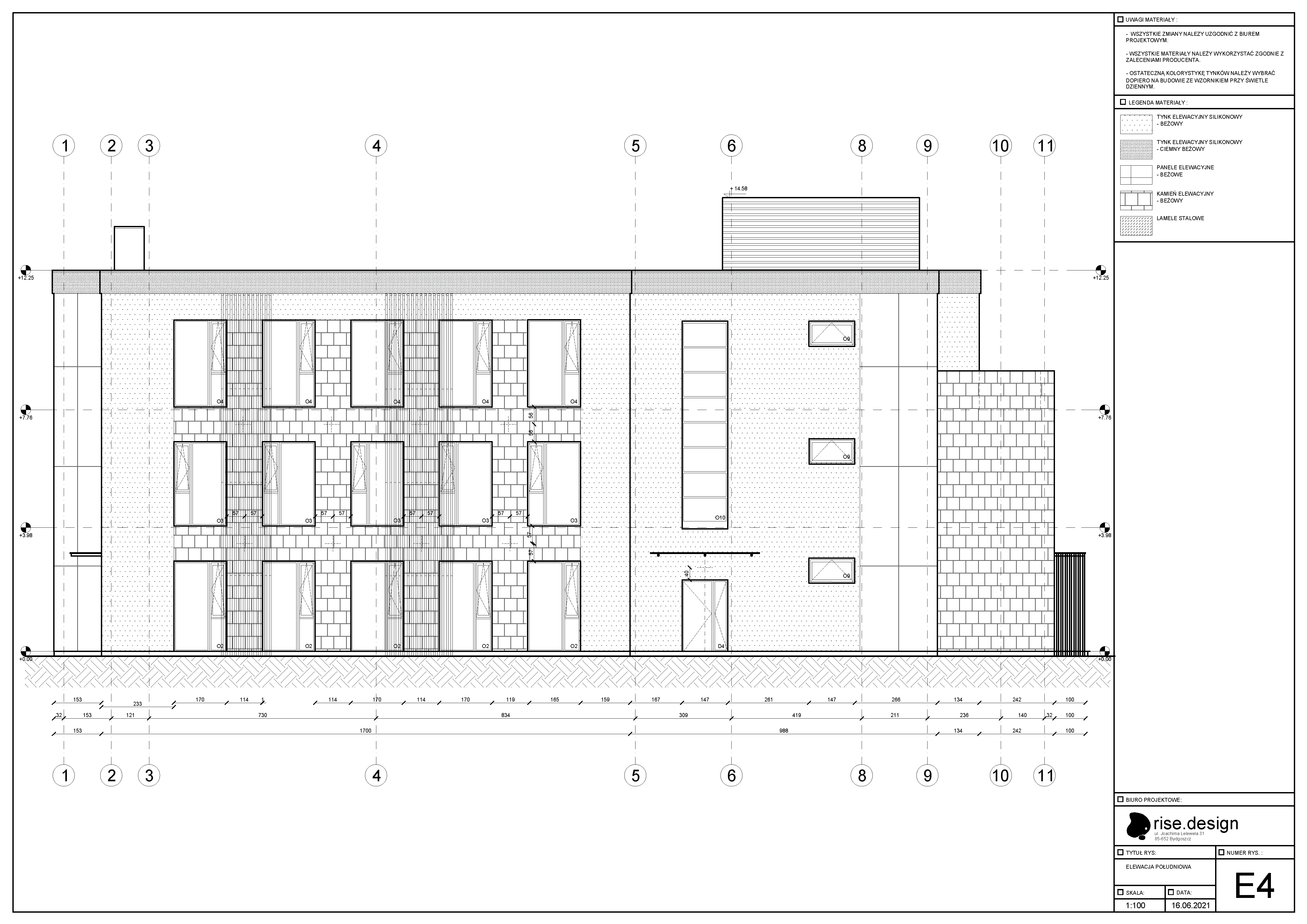 Drawing: east elevation E1 showing building depth and full vertical section with stairwell volume as distinct vertical element and two secondary entrances