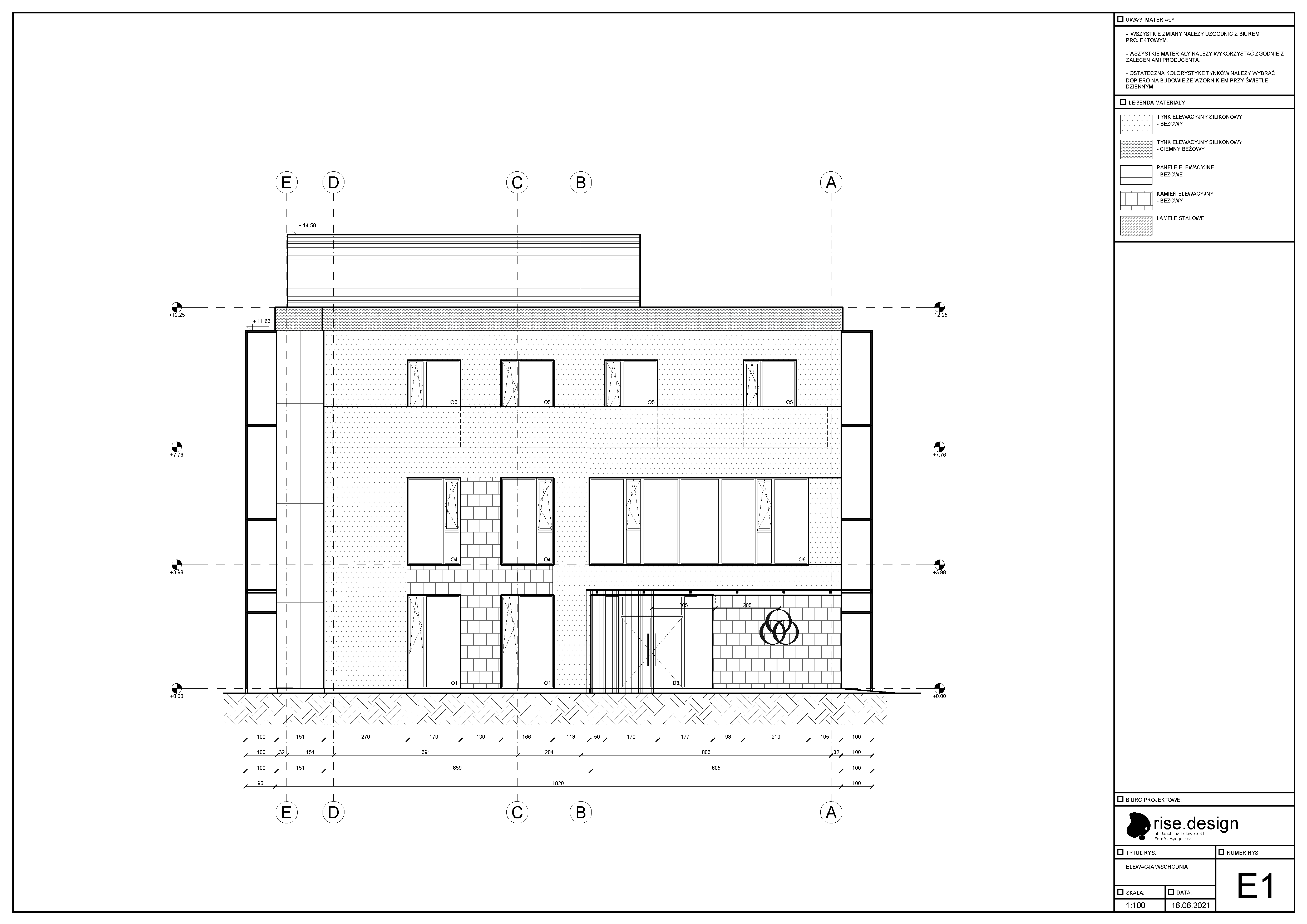 Drawing: west elevation E3 showing stepped massing, service-oriented doors, and utilitarian facade measuring approximately 19 metres deep